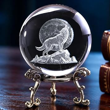 2 Inch Howling Wolf Crystal Ball with Stand 3D Laser Engraved Howling Wolf and Moon Figurine 3D Quartz Glass Ball Decoration Sphere Table Decor Paperweight Craft