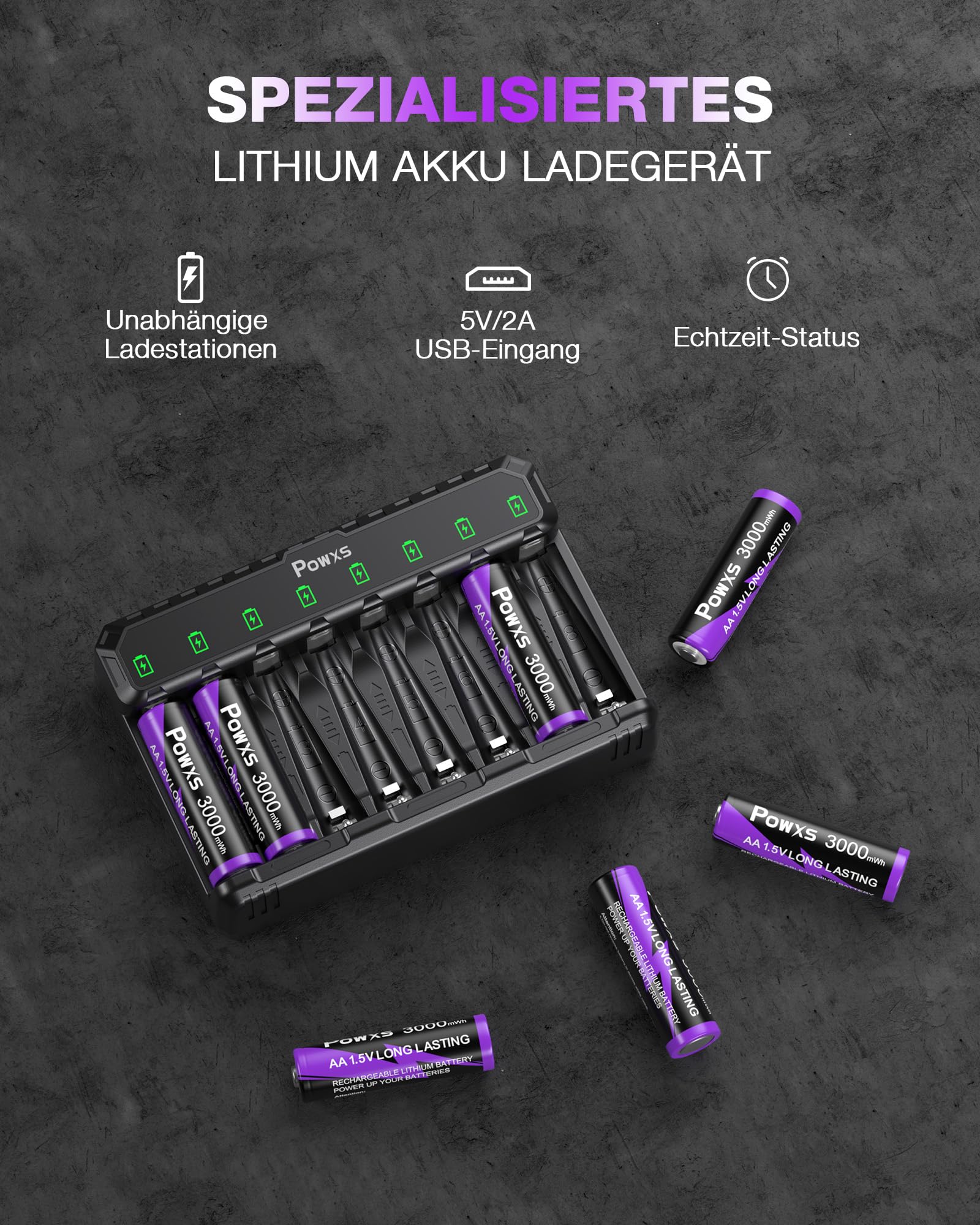 POWXS 1.5V Lithium Akku AA 8-Pack 2000 Zyklen & Stahlgehäuse, 3000mWh,mit USB Schnelladegerät, Kompatibel AA/AAA für Spielgeräte & Blink-Kameras