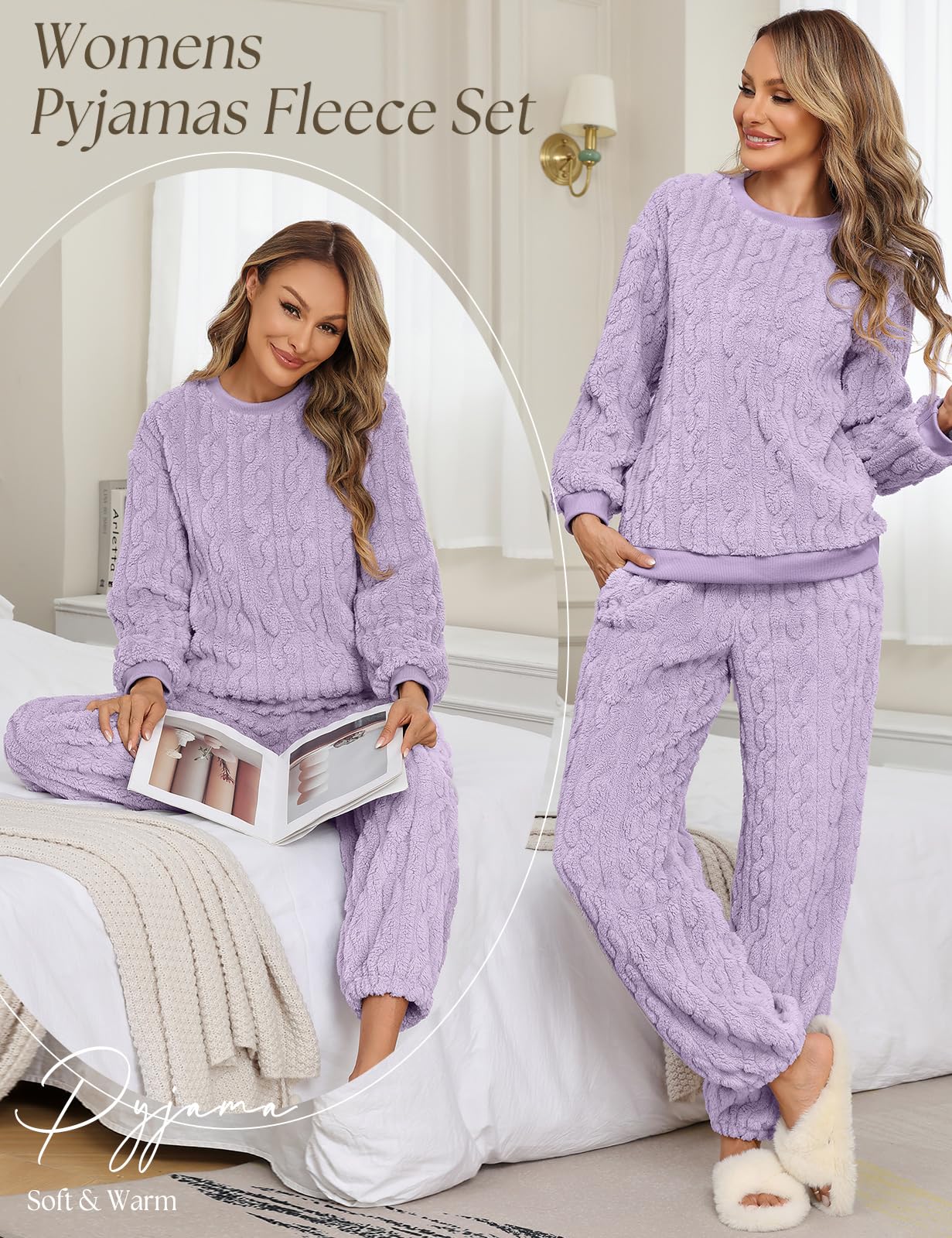 Pigiama Donna Invernale in Pile Caldo Felpato Due Pezzi Set | Pigiami Termico Due Pezzi con Maglia Manica Lunga e Pantaloni, Completo da Casa Ampia Sleepwear Loungewear con Tasche, S-XXL