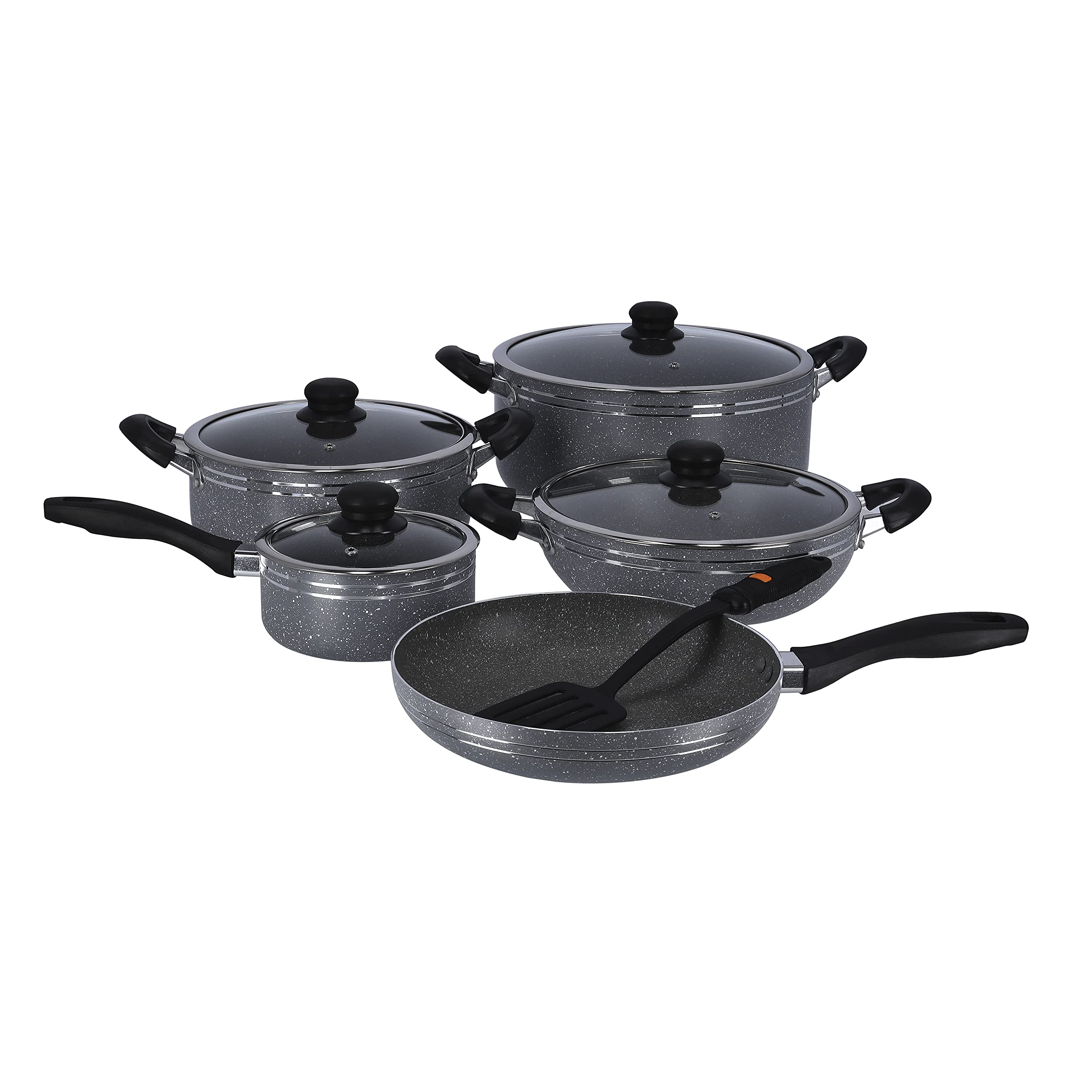 Delcasa Non-Stick Cookware Set With Granite Coating, Dc1889 | Aluminium Body | Tempered Glass Lid | Bakelite Handle | Dishwasher-Safe
