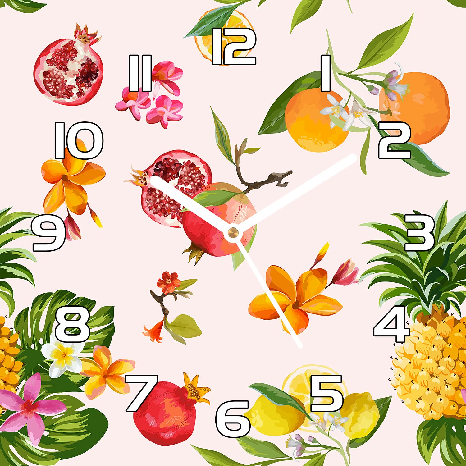 Horloge en verre 30x30 cm Coloray avec motif de flamant rose et de fruits pour salon moderne