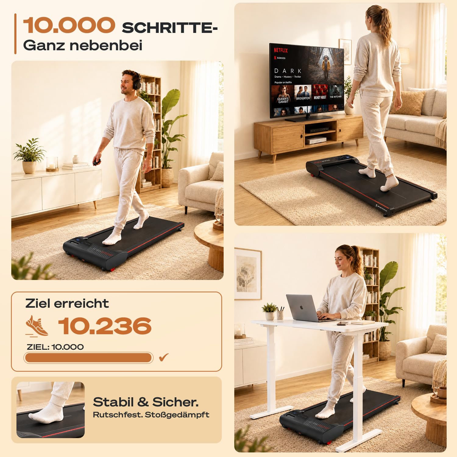 Sportstech Walking Pad - Laufband Für Zuhause mit Steigung bis 5% | 1-6km/h, inklusive App Mitgliedschaft | Home Office, Schrittzähler, leicht & kompakt, Transportrollen | WalkMate bis 120kg