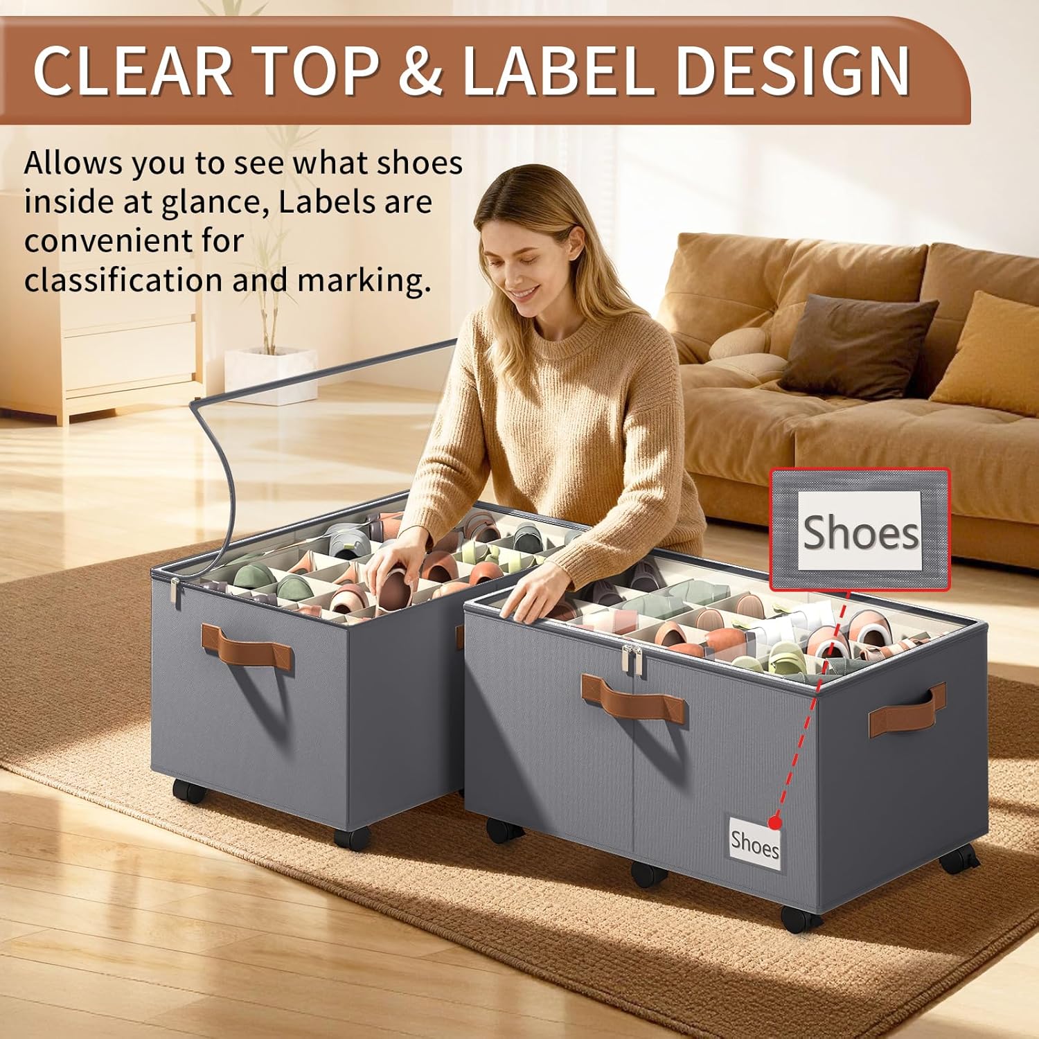 Foyego Shoe Organizer for Closet, Shoe Storage Organizer with Wheels and Adjustable Dividers, Stackable Shoe Storage Box with Clear Cover, Foldable Closet Shoe Organizer Fits up to 24-48 Pairs, Gray