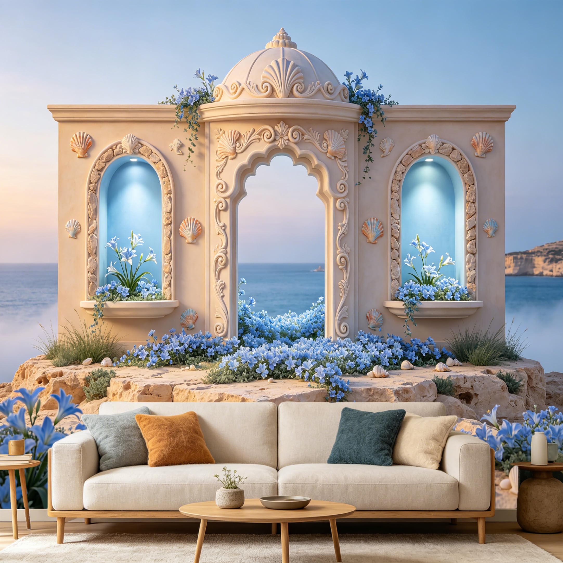 Custom Size Wall Mural， Mediterranean Coastal Archway Blue Floral Sea Scenery， SelfAdhesive Art Prints wall Fabric Removable Large Wallpaper Home Living Room Decor