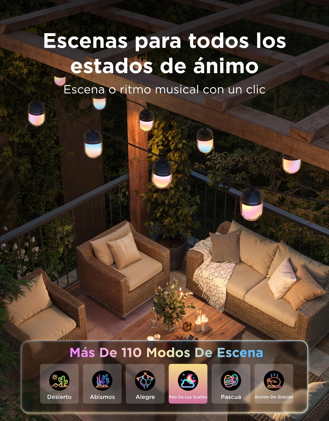 Govee Guirnalda Luces Exterior 10M, RGBICW 240lm pro LED, App Control,IP67 | 16M Colores DIY, 111+ Modos de Escenas, Sync Música, Matter/Alexa/Google, 30000h, Instal. Fácil, Jardín/Balcón/Terraza