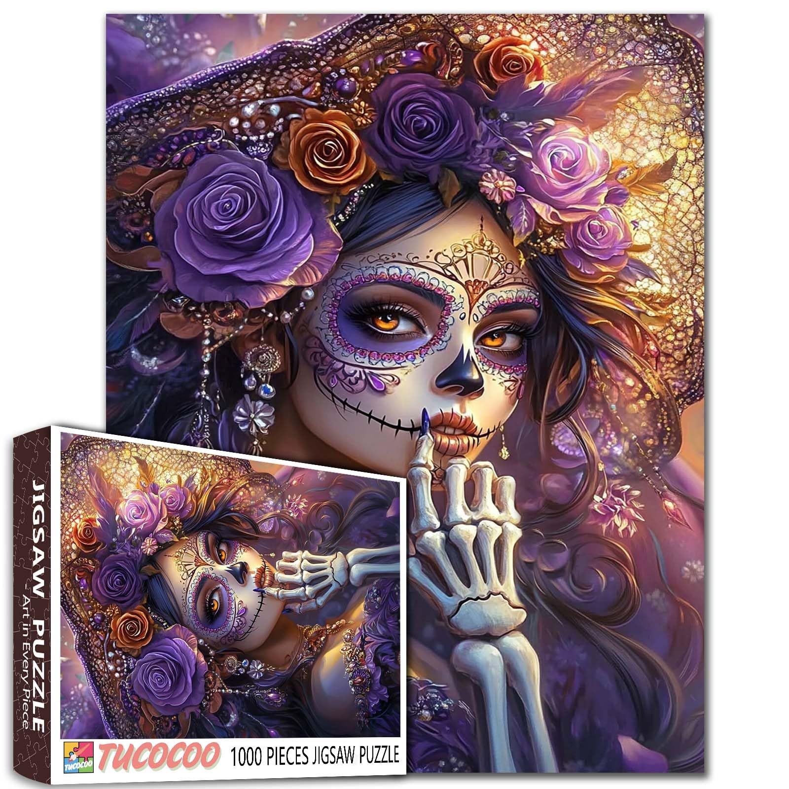 Fantasy Sugar Skull Woman Jigsaw Puzzle 1000 Pieces for Adults Students Purple Roses Skeleton Elegant Art Style Puzzles 20X27 Inches Unique Gift Home Wall Decor Creative Brain Teaser — image 1