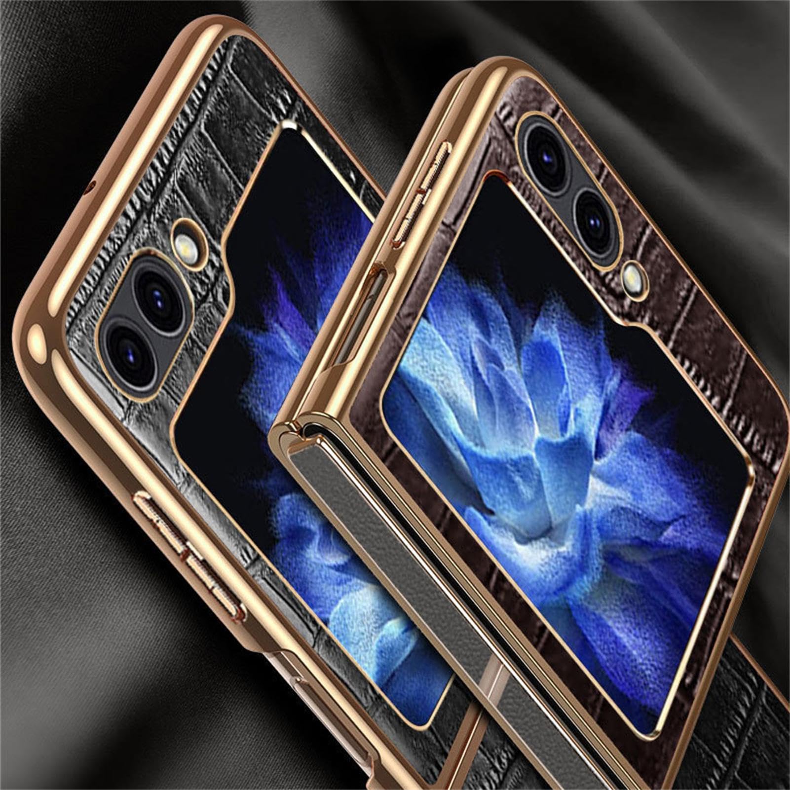 Custodia per Samsung Galaxy Z Flip 5, Classico Modello Coccodrillo Sottile Vera Pelle Galvanizzata Cover Posteriore Rigida per PC con Protezione Fotocamera Custodia per Telefono in Vera Pelle
