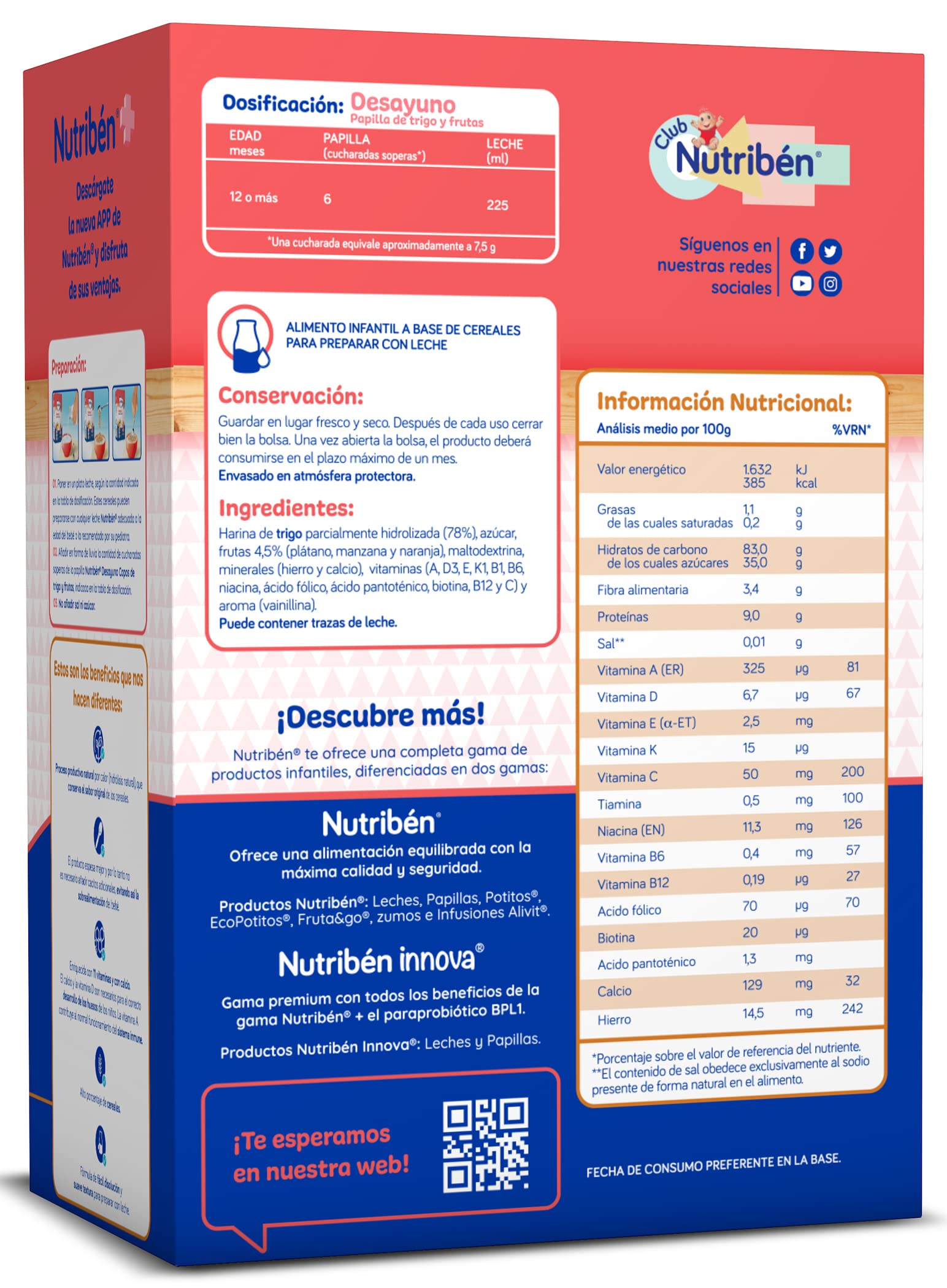 Nutribén Papilla de Copos de Trigo y Frutas para el Desayuno, 4500 g, Sin Aceite de Palma, Bebés 12 Meses, Pack 6 x 750g