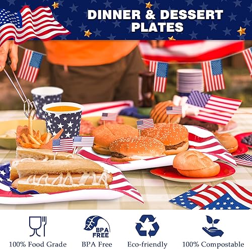 Miniatura 5 de EPHYO Juego de 200 platos y servilletas del 4 de julio, con la bandera patriótica de Estados Unidos, suministros de decoración de fiestas, vasos de