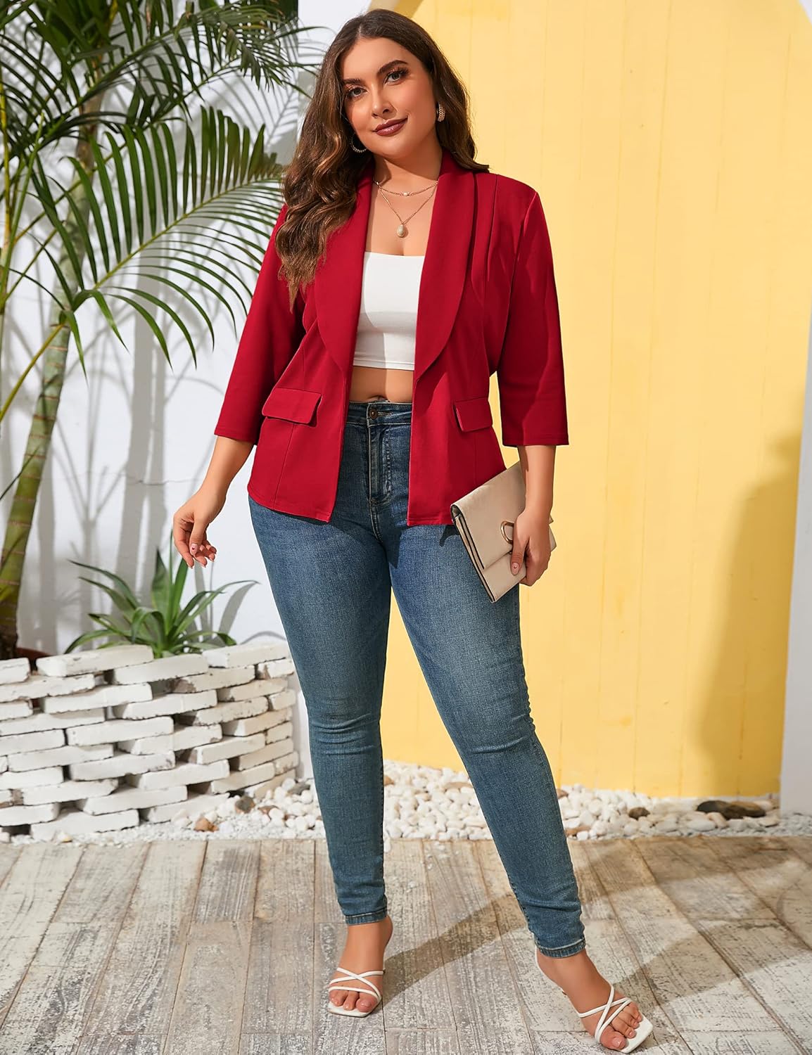 ShopWonder Womens Plus Size Casual Pocketed Blazer Office Open Front 3/4 Sleeve Cardigans Jacket Work Suit - Image 5