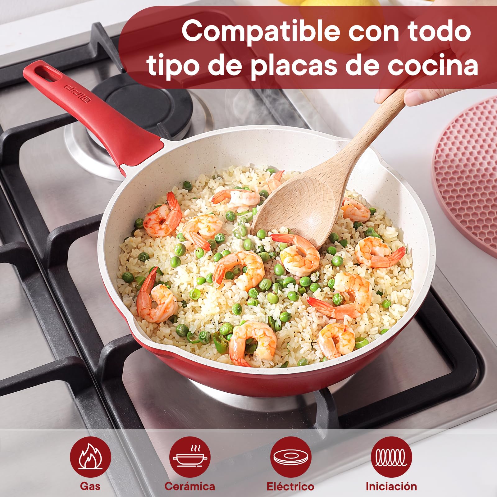 GiPP SartéN Antiadherente Con Tapa, SartéN Profunda De 30 Cm Y 5.1L, Sarté De CeráMica, Mango Que Se Mantiene FríO, SartN De InduccióN, Saludable Y No TóXica,Rojo