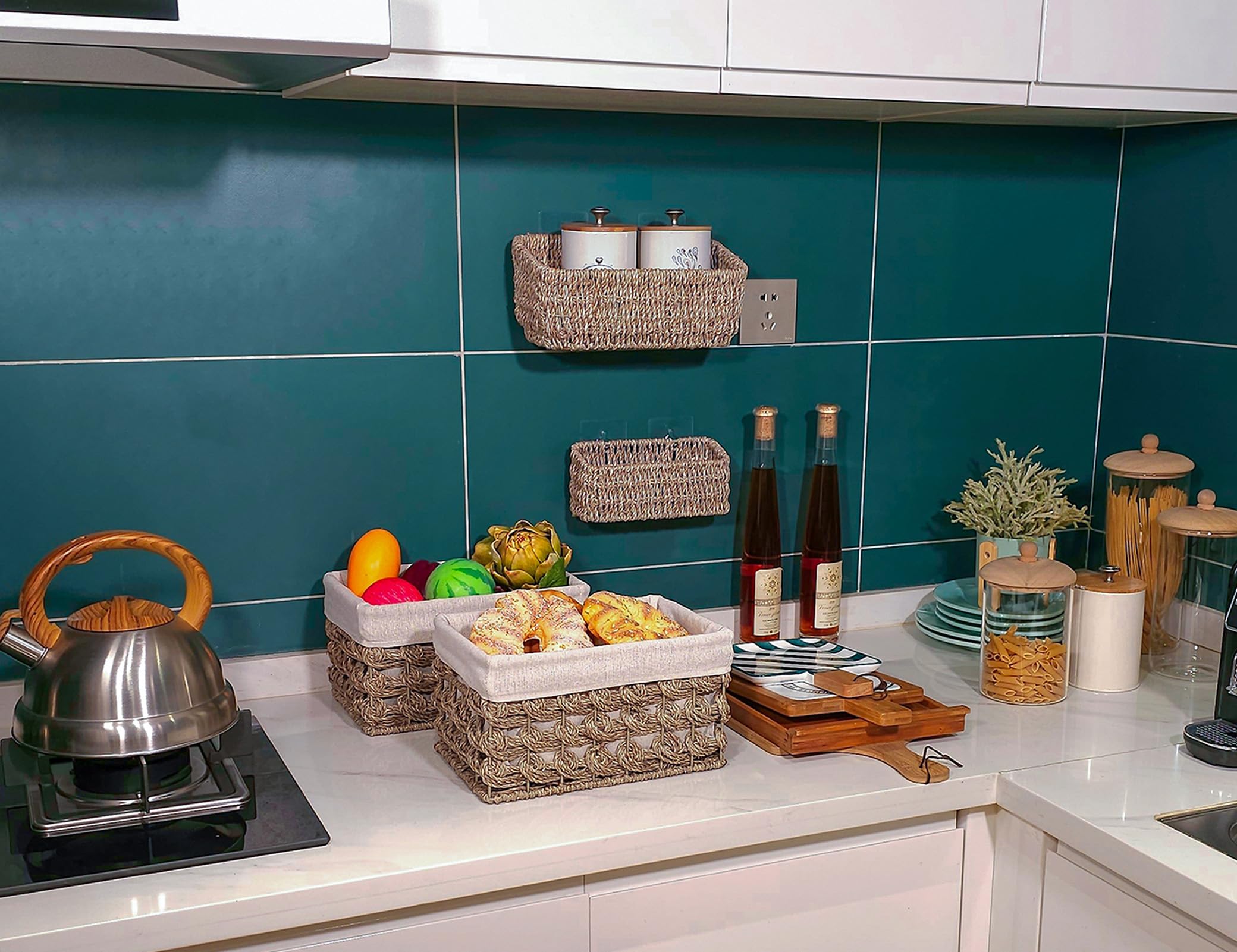 IGNPION Cesto portaoggetti aperto in erba marina, cestini decorativi per soggiorno, cesto per asciugamani in vimini intrecciato, rettangolare, scatola organizer per bagno, mensole e scrivanie, cesto