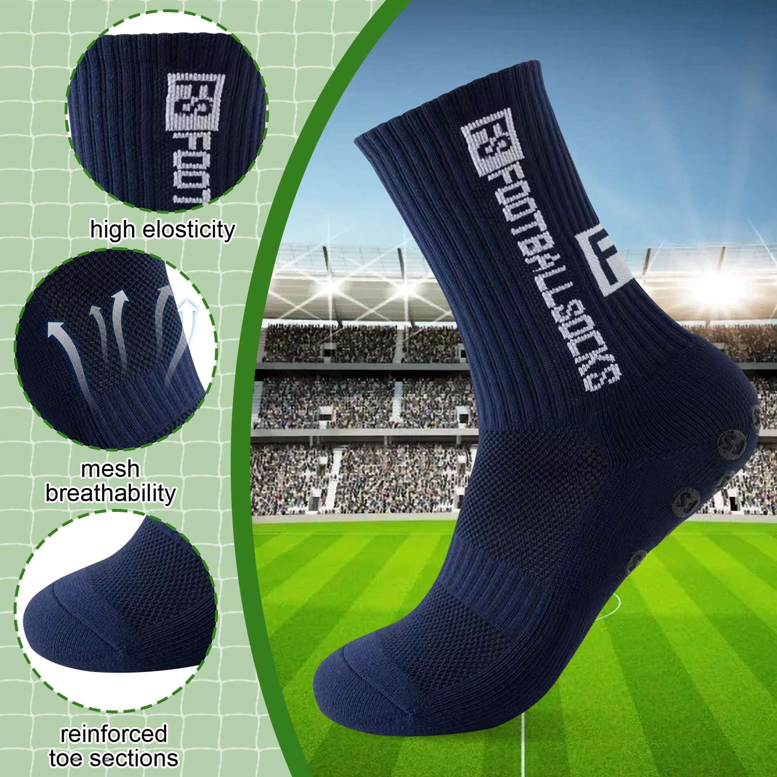 Lot de 3 paires de chaussettes de football antidérapantes pour homme, femme et enfant - Tailles 39-46 - Chaussettes de football antidérapantes pour football, basketball, course, respirantes - 5