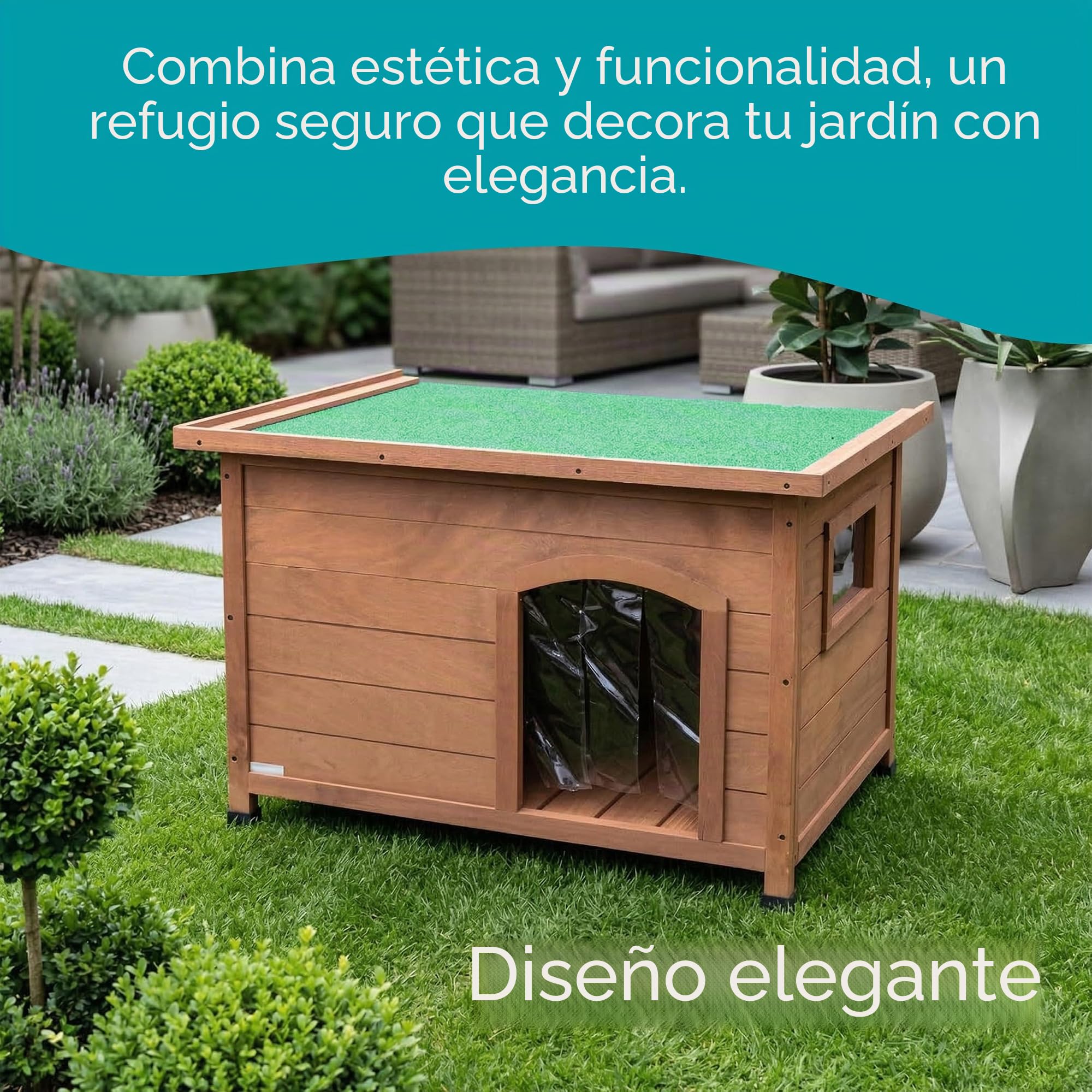 Aqpet Friends Baita - Caseta de Madera de Exterior para Perros con Techo abatible y Cortinas térmicas Incluidas, Mediana, 104 x 68 x 75 cm