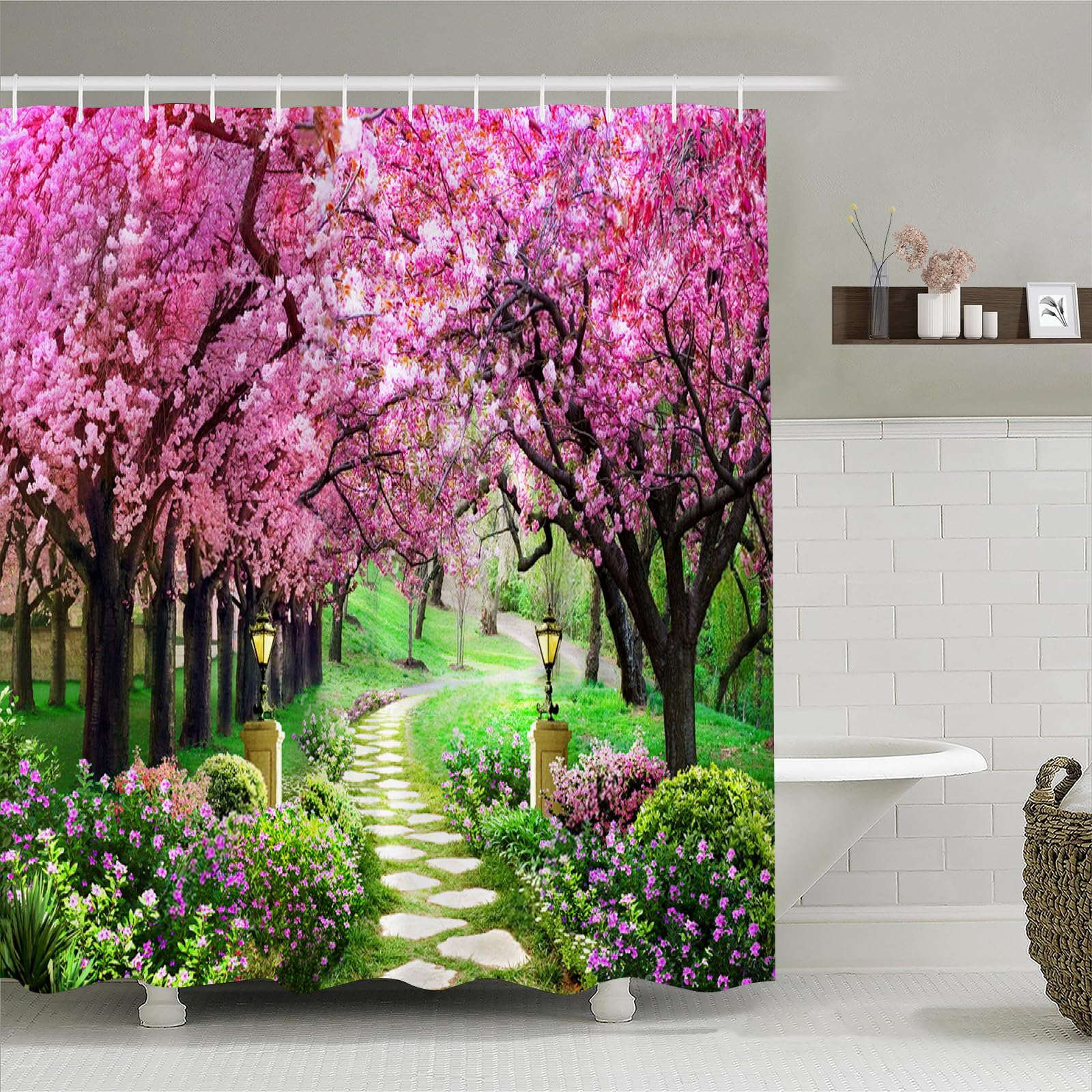 Simpomsy Scenery Shower Curtain, Outdoor Decorative Curtain, Nature Landscape 3D Scenery Bathroom Curtains, Waterproof Fabric Bathroom Decor Set with Hooks 200x180cm