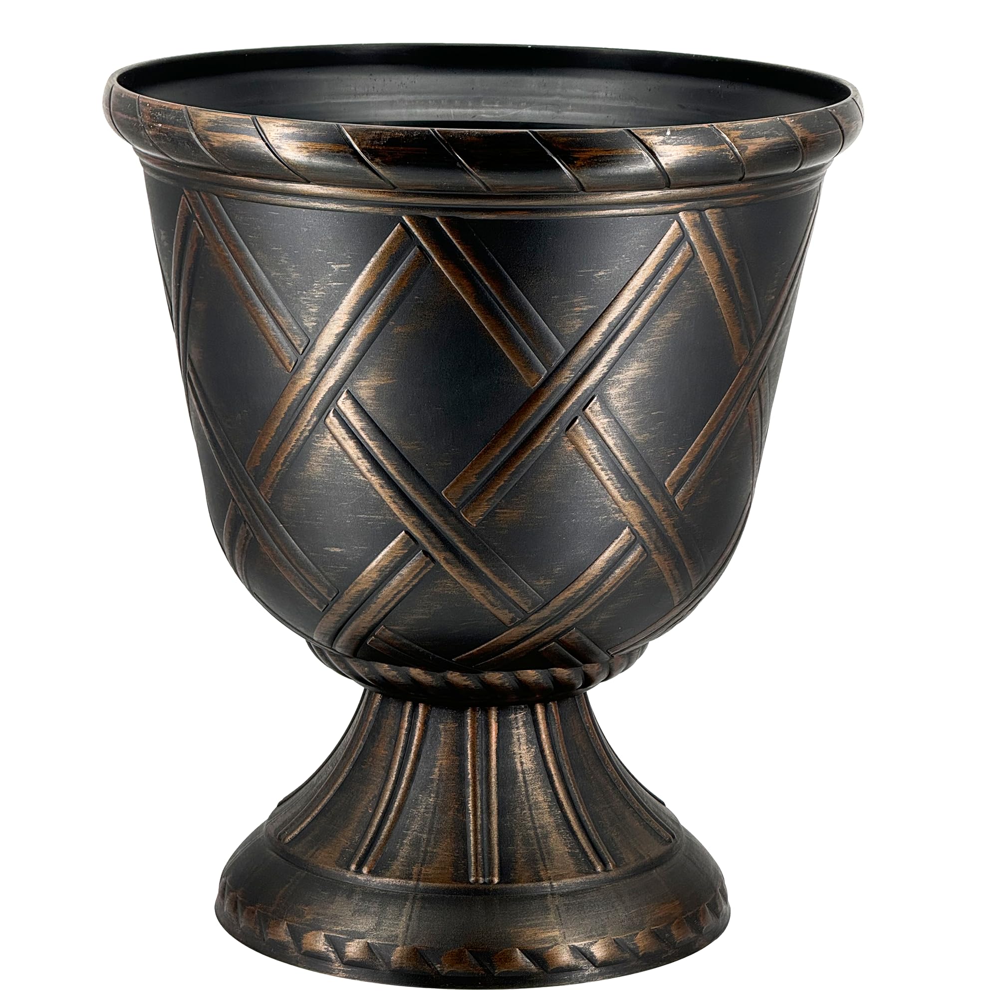 Sg Traders Black Copper Large Urn Plant Pot Stand, Flower Pots Outdoor Garden Planters, Indoor Plant Pot, Tall Planter With Drainage Holes, Strong Plastic Patio Home Plants, Black With Copper Planters, D43 X H49cm