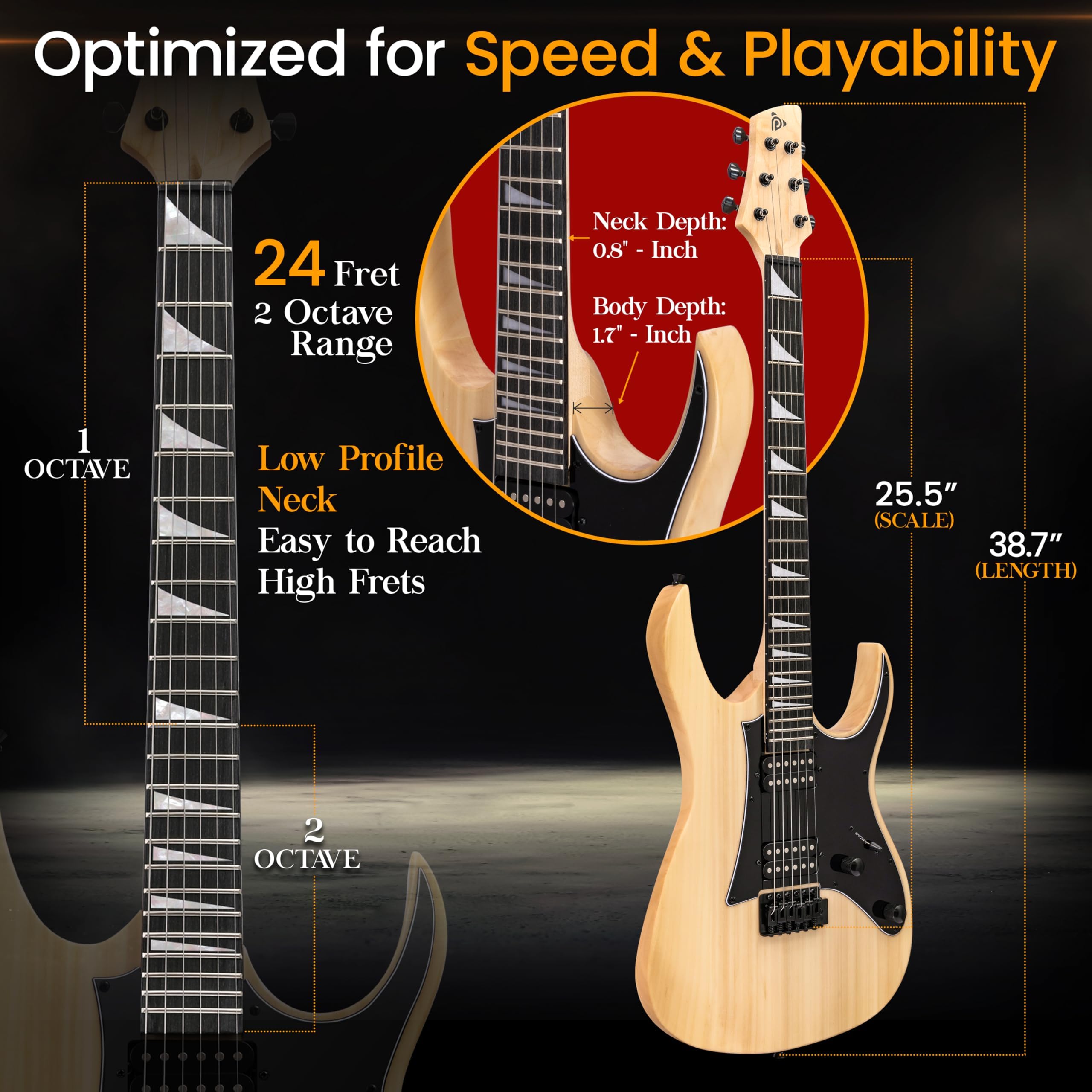 Pyle Prog Rock EG Series - Chitarra elettrica con kit amplificatore, 39 pollici, full size con due pickup Humbucker, manico basso profilo e corpo in paulonia massiccio, kit di accessori premium