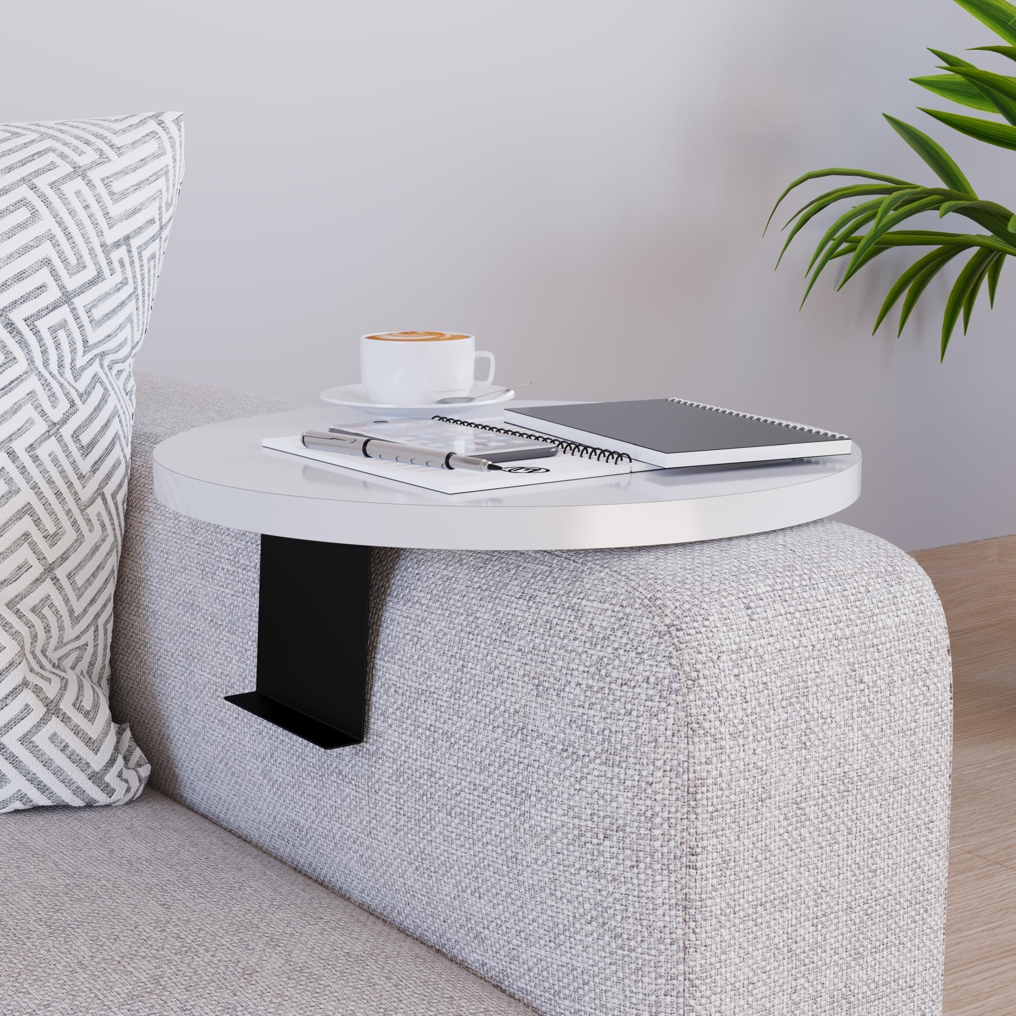 [en.casa] Tavolino Bracciolo per Poltrona Divano Piano Rotondo Ø34 cm Supporti Regolabili in Larghezza Vassoio da Appoggio Tavolino Laterale Divano - Bianco