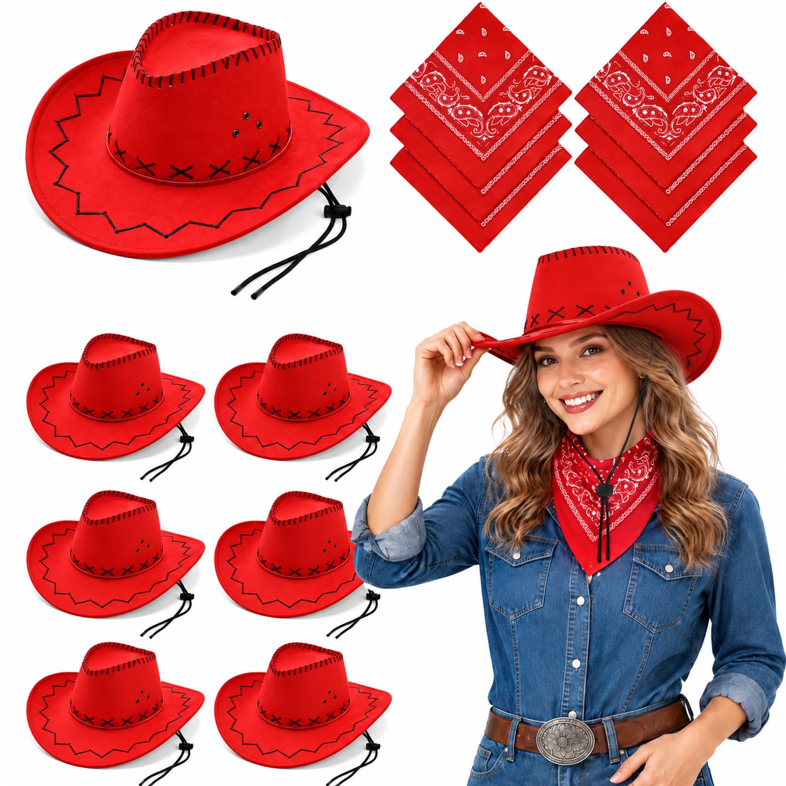 Zhanmai 12 Pcs Cowboy Hats Bulk, 6 Hats with 6 Bandanas