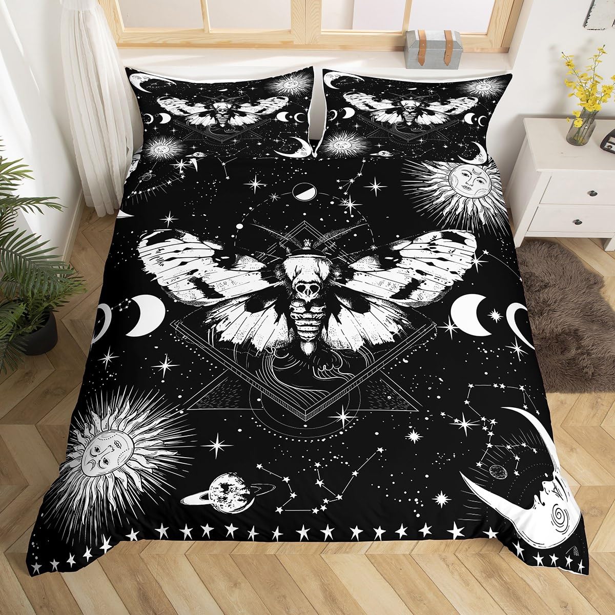 Parure de lit noir et blanc motif univers céleste avec housse double