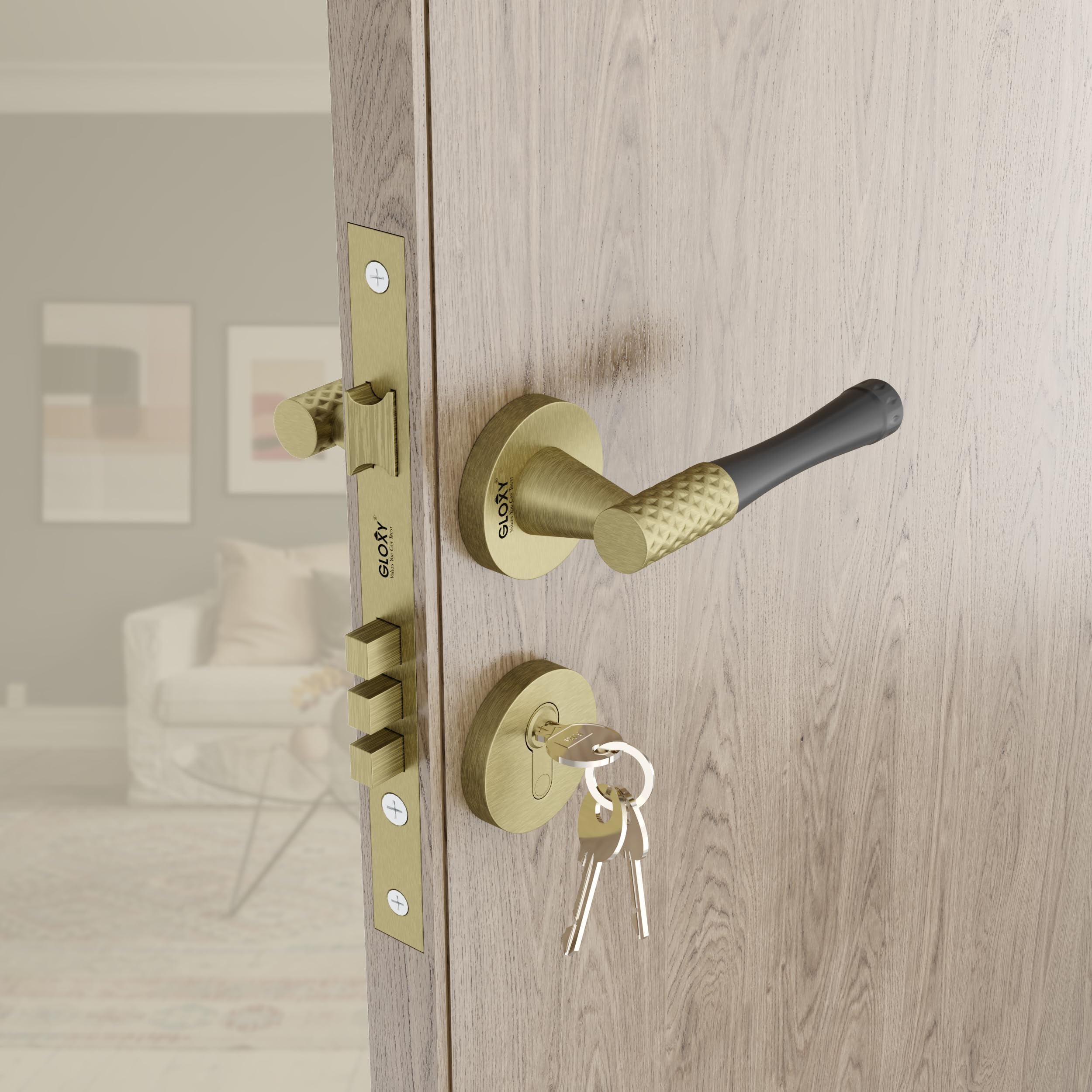 GLOXY Door Locks for Main Door/Bedroom/Mortise Lock for Door/Door Lock Handle Set with 3 Brass Key for Home, Kitchen |Antique & Black Finish (2 Years Warranty, Pack of 1)