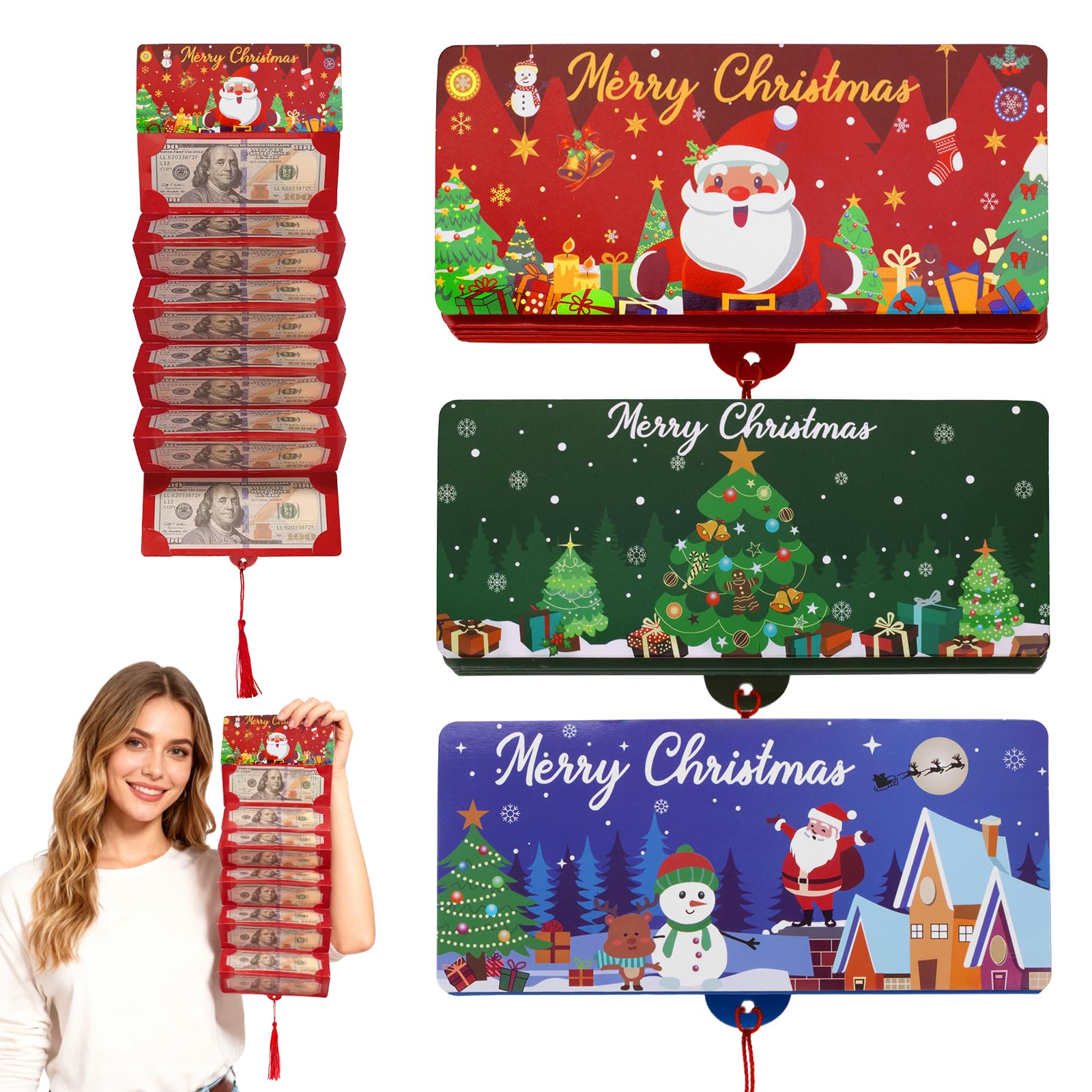 Lot de 3 porte-billets de Noël ou de cartes cadeaux, porte-monnaie pour surprise de Noël, avec 10 compartiments, convient pour la famille et les amis (rouge, bleu et vert)