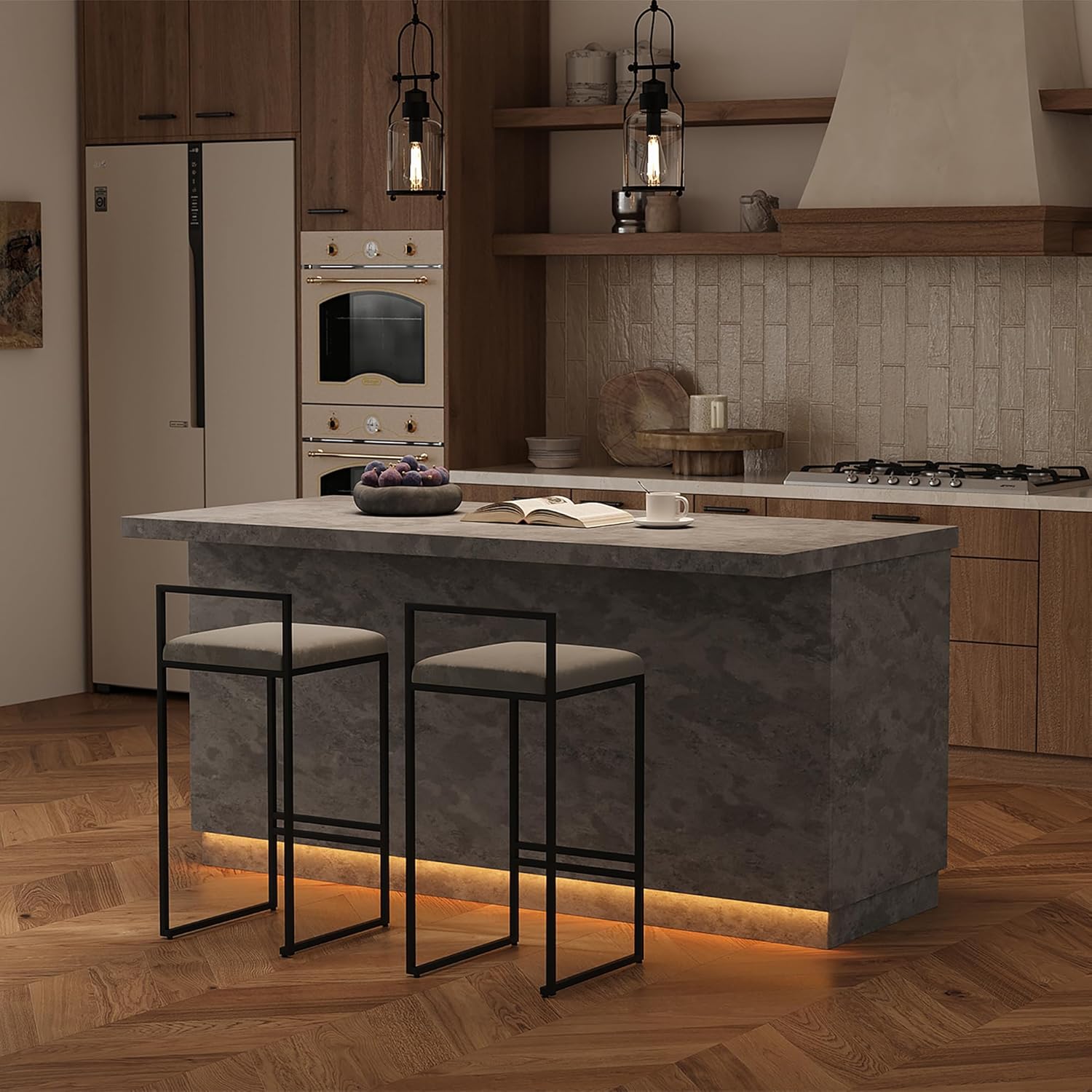 homary 72" Kitchen Island with LED Ambient Lighting, Japandi Gray Kitchen Island with Storage Drawer, Wine Rack & LED Light (Only Island)