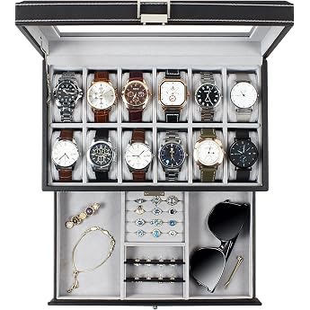 Watch Box for 12 Watches Watch Storage with Glass Lid 2 Tier Watch Box with 1 Drawer with Key Lock for Rings and Earrings Gift Black