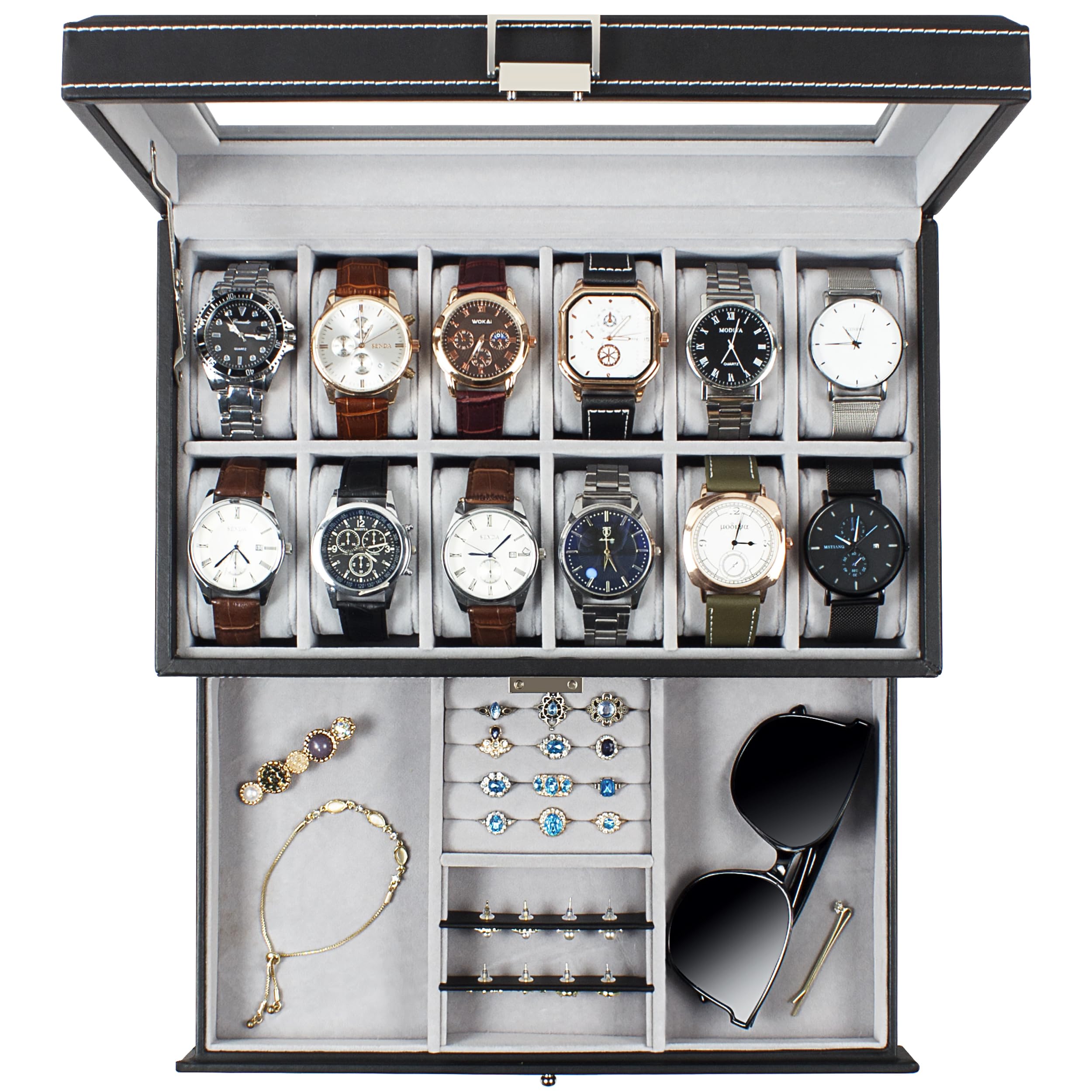 Boîte à montres à 12 emplacements pour montre pour homme avec couvercle en verre véritable, organiseur de montres en cuir synthétique avec étui à bijoux, anniversaire pour homme et femme, noir