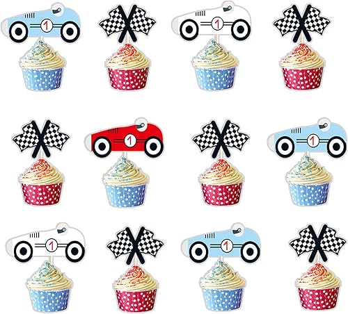 Vista 5 de 48 piezas de decoración para cupcakes de 2º cumpleaños de auto de carreras, decoraciones rápidas de dos cumpleaños para niños, decoraciones