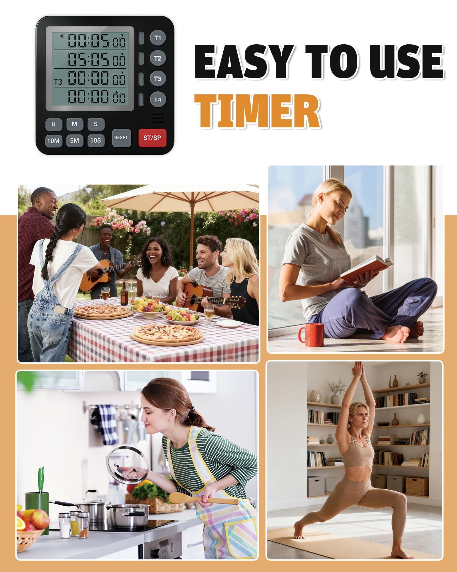 TPNEG Temporizador digital de cocina, temporizador de cocina de 4 canales con alarma, parte trasera magnética, modos ruidosos y silenciosos, cuenta arriba/abajo, ideal para hornos, personas mayores