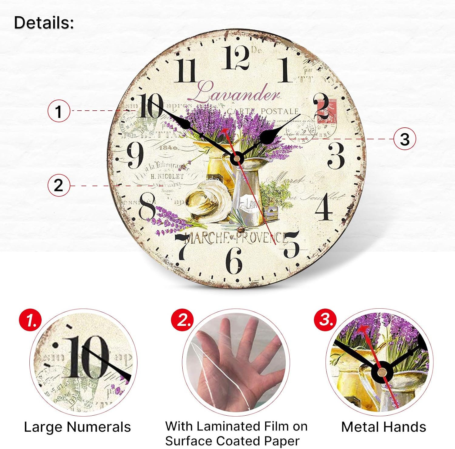 TAHEAT Romantic Lavander Wall Clock, French Purple Love Floral Clocks - Image 5