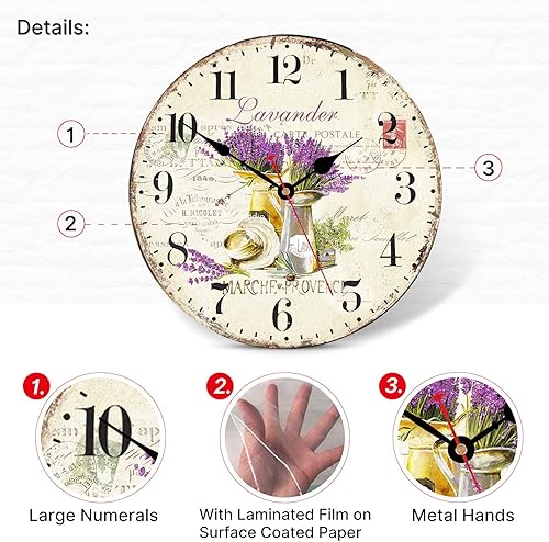 Miniatura 3 de TAHEAT Reloj de pared romántico Lavander, reloj de pared francés morado con amor, decorativo, fácil de leer, para sala de estar, dormitorio, baño,