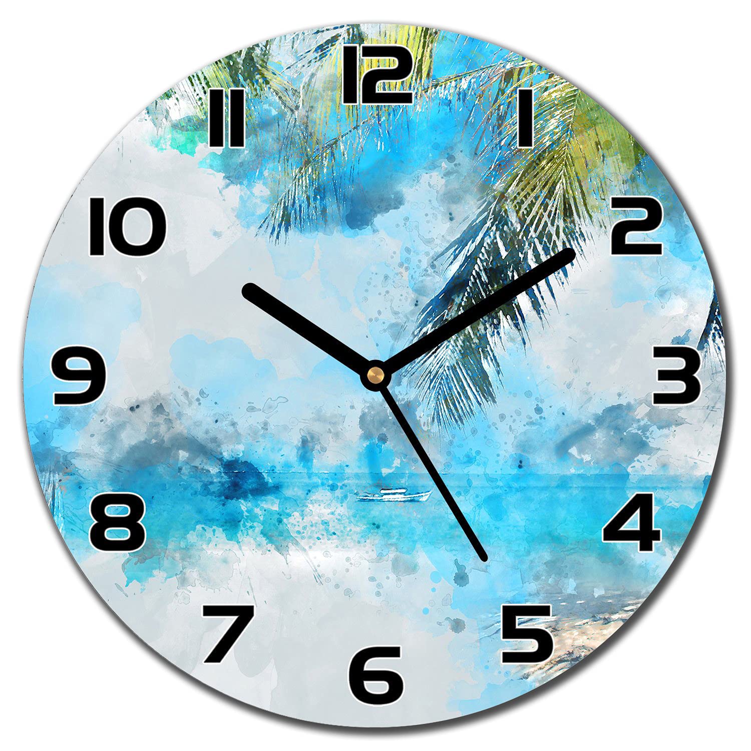 Horloge en verre 30 cm motif noix de coco et palmiers pour salon