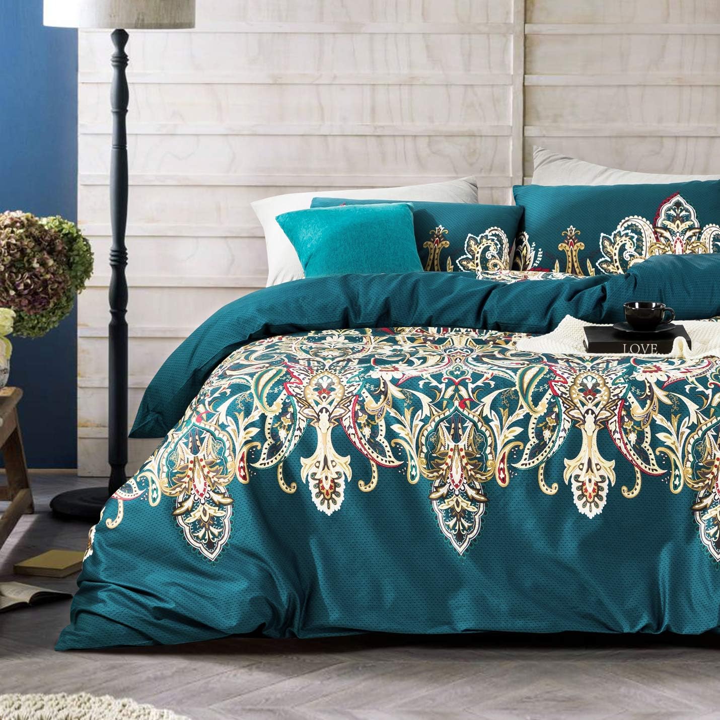 New Deal YuHeGuoJi Duvet Cover Set 100% Egyptian Cotton Teal King Size Boho Paisley Bedding 3 Pieces Set 1 Retro Damask Print Duvet Cover with Zipper 2 Pillowcases Hotel Quality Soft Silky Breathable Durable Super Deal Product YuHeGuoJi Duvet Cover Set 100% Egyptian Cotton Teal King Size Boho Paisley Bedding 3 Pieces Set 1 Retro Damask Print Duvet Cover with Zipper 2 Pillowcases Hotel Quality Soft Silky Breathable Durable