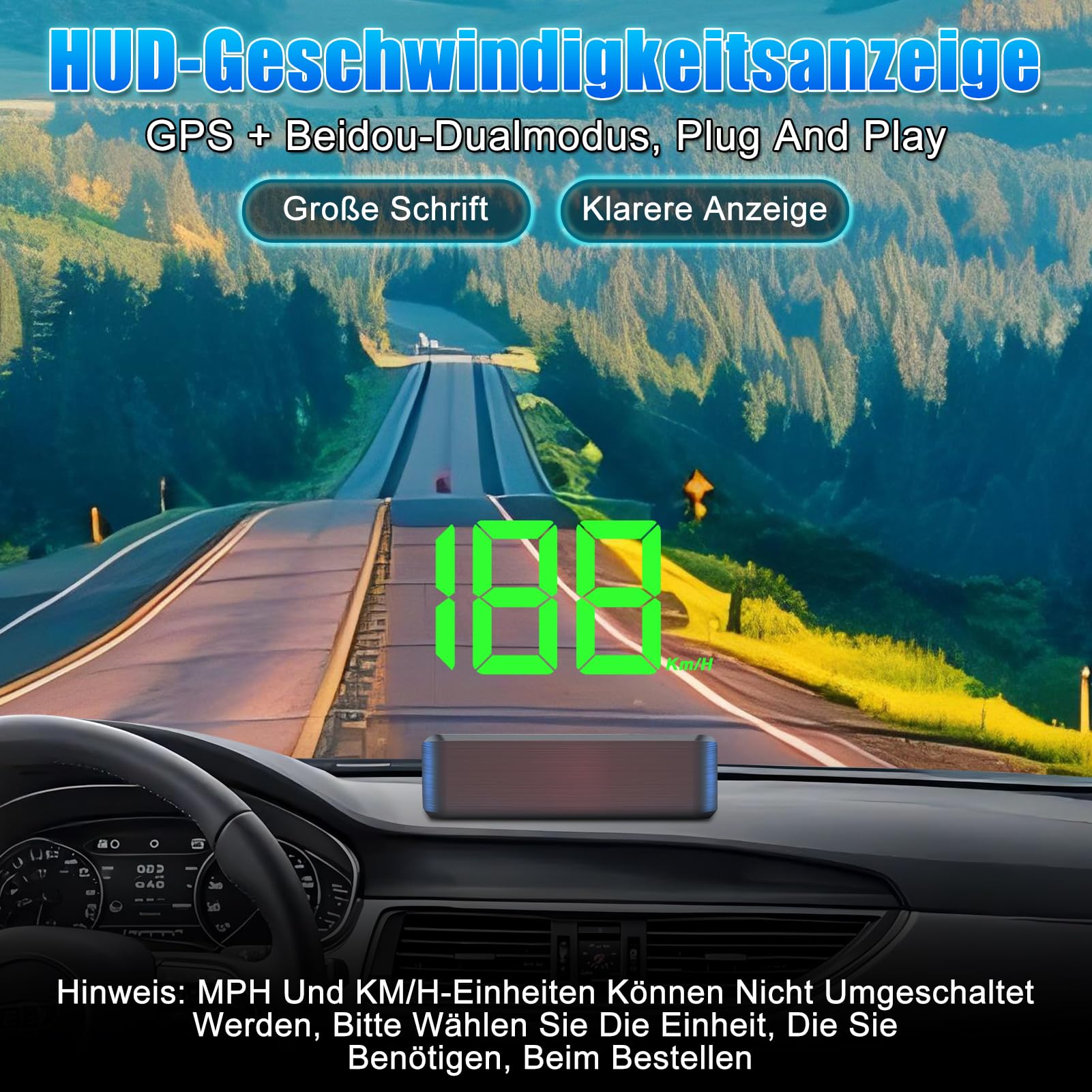 HUD wyświetlacz samochodowy – prędkościomierz GPS, prędkościomierz GPS, projektor przedniej szyby, automatyczna jasność, USB Plug & Play, wyświetlacz w kolorze białym i zielonym, wyświetlacz