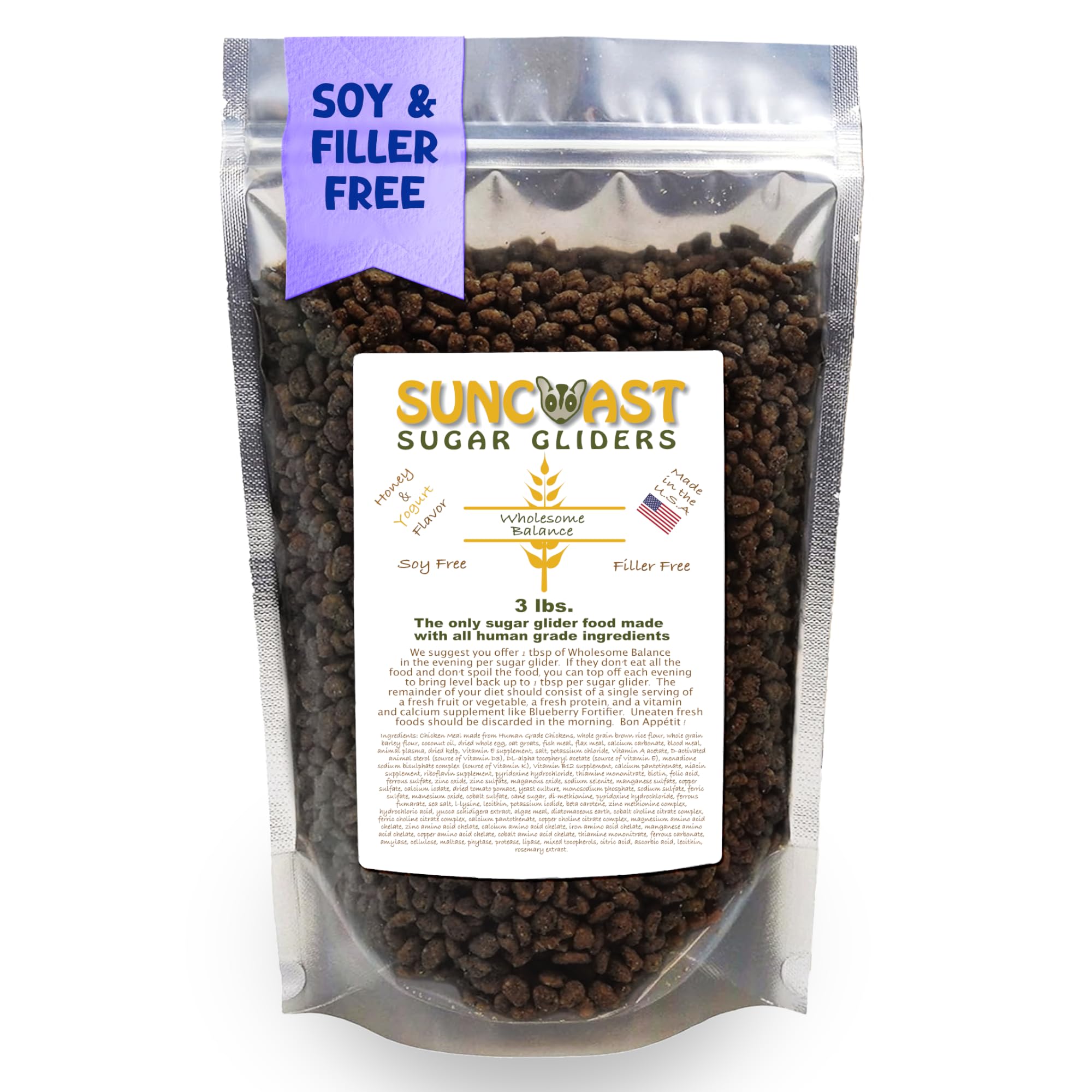 Wholesome Balance Sugar Glider Food - Honey & Yogurt | 3 lbs of Premium Dense Food for Sugar Gliders and Small Animals - 4 Months Supply