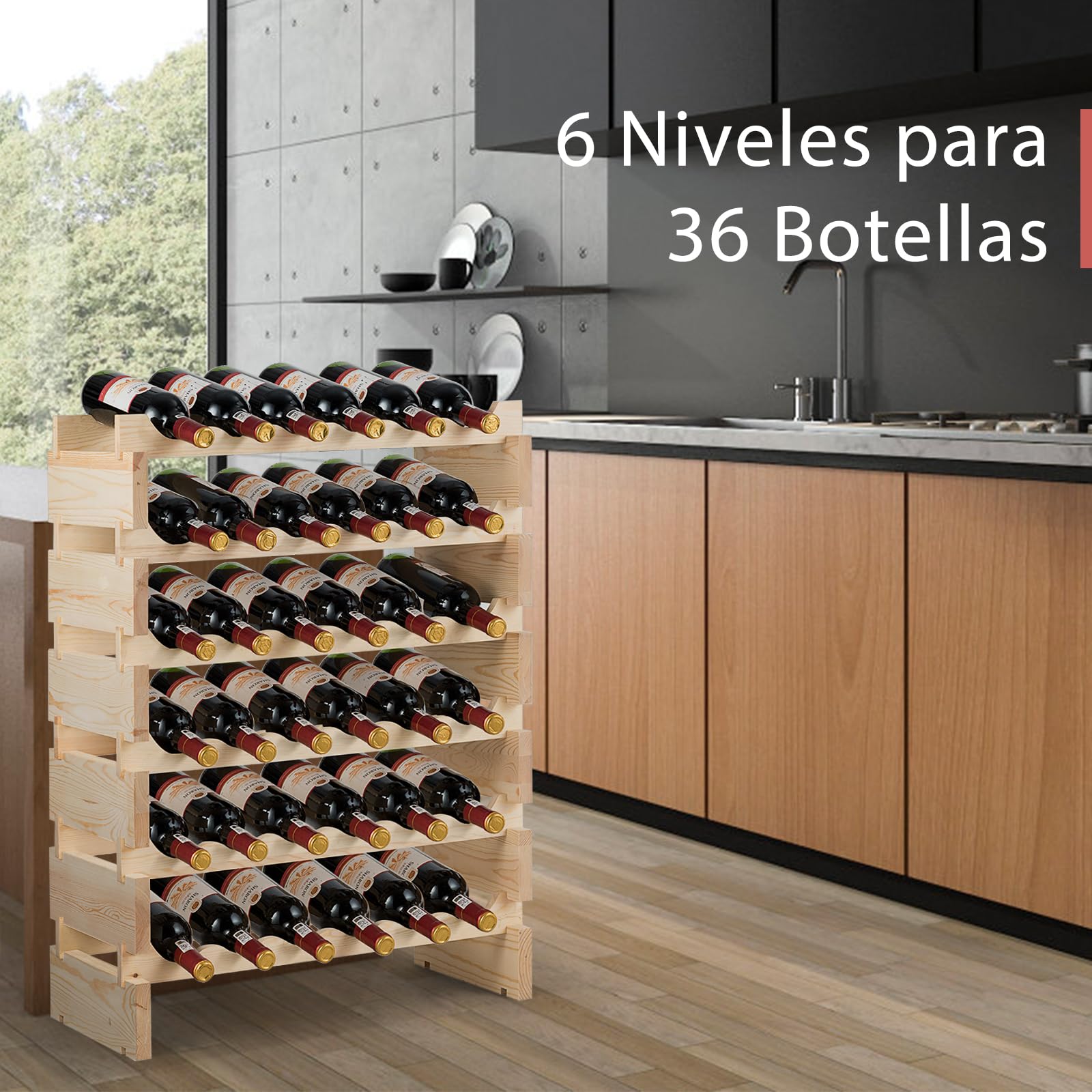 GOPLUS Botellero de Vino de Pino para 36 Botellas, Botellero Vertical con 6 Niveles Apilable, Diseño Inclinado, Estantería Compacta para Cocina, Bar, Bodega y Hogar, Gran Espacio, 63x28x85 cm, Natural