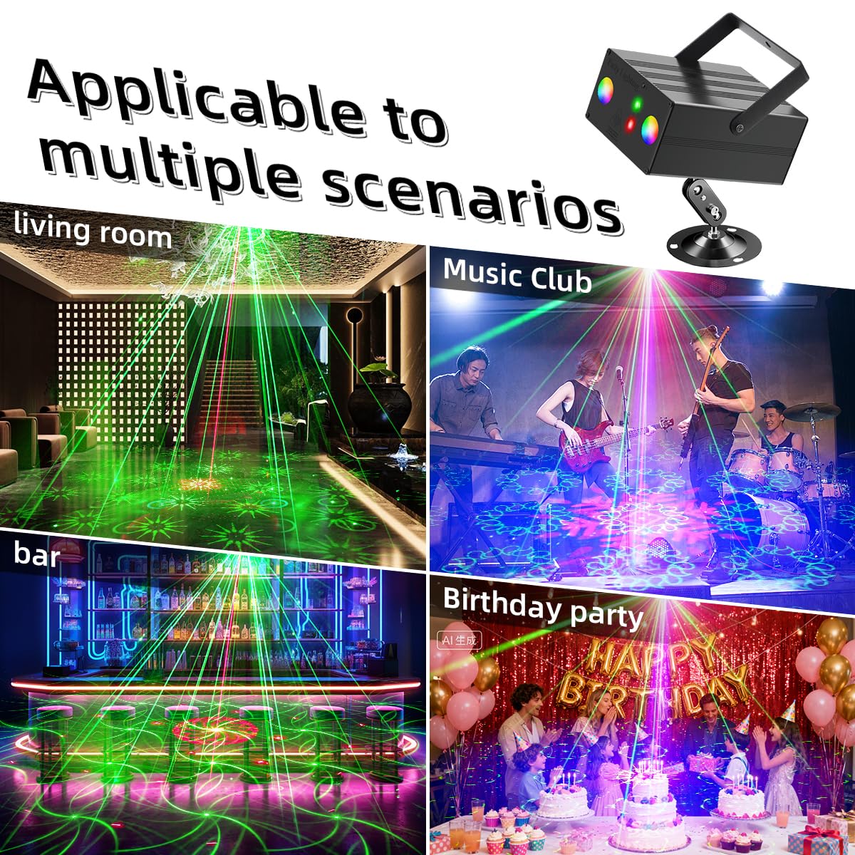 Projecteur LED stroboscopique DJ RVB avec activation sonore pour fêtes, Noël, club, bar, cadeau, anniversaire, rave, appareil d'éclairage de scène.