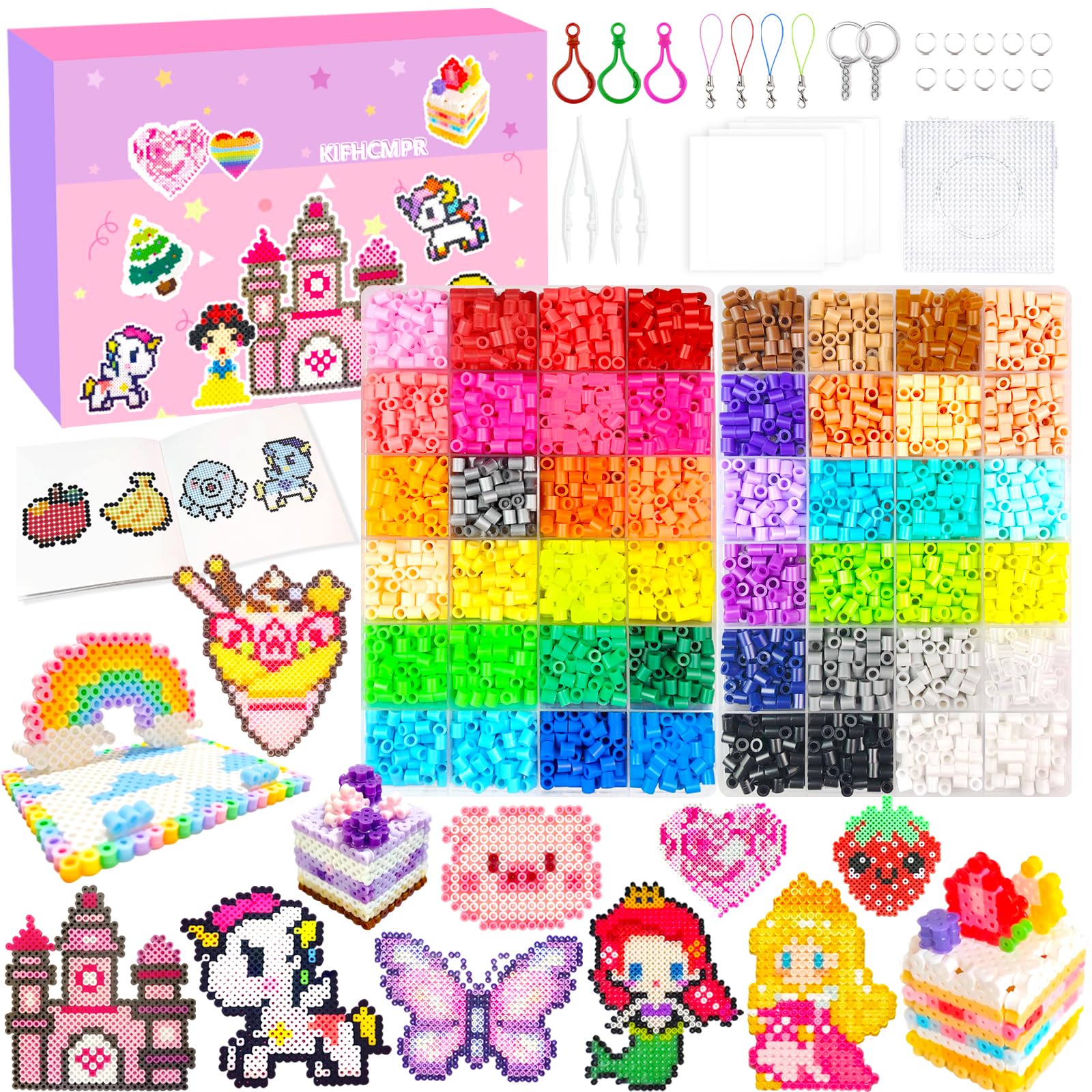 5MM Bügelperlen Set,48 Farben 5MM Bügelperlen mit Sortierbox, Bügelperlen Platten, Bügelpapier, Muster, Steckperlen Set für Kinder Geschenk Geburtstag Weihnachten DIY Jungen Mädche ab 5 Jahre