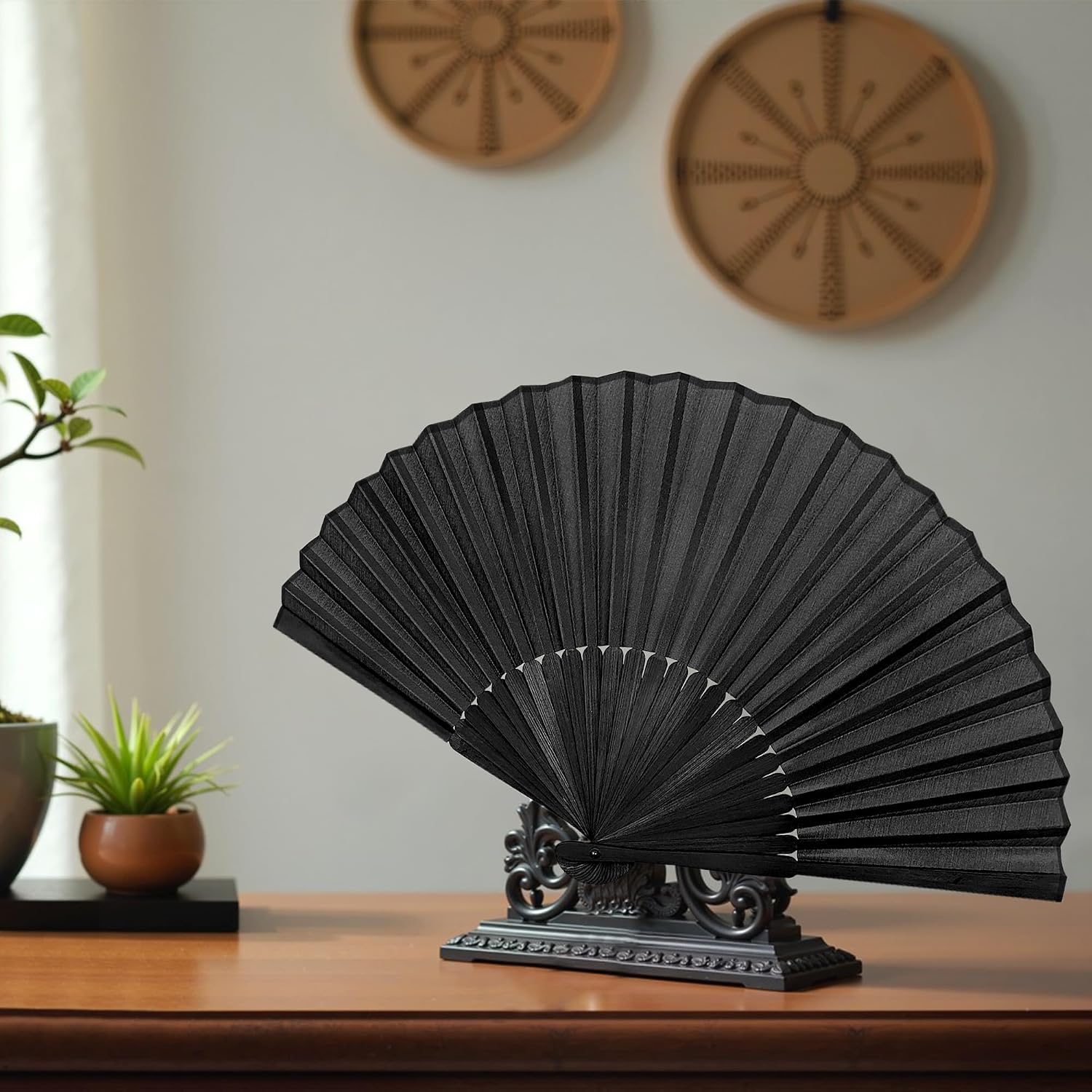 Quacc 2 PCS Black Folding Hand Held Fans Light Strong Thin Fabric Chinese Handheld Tai Ji Fan for Men and Women, Wedding, Dance, Kungfu, Martial Art, Decorations, Party Favor, Gift