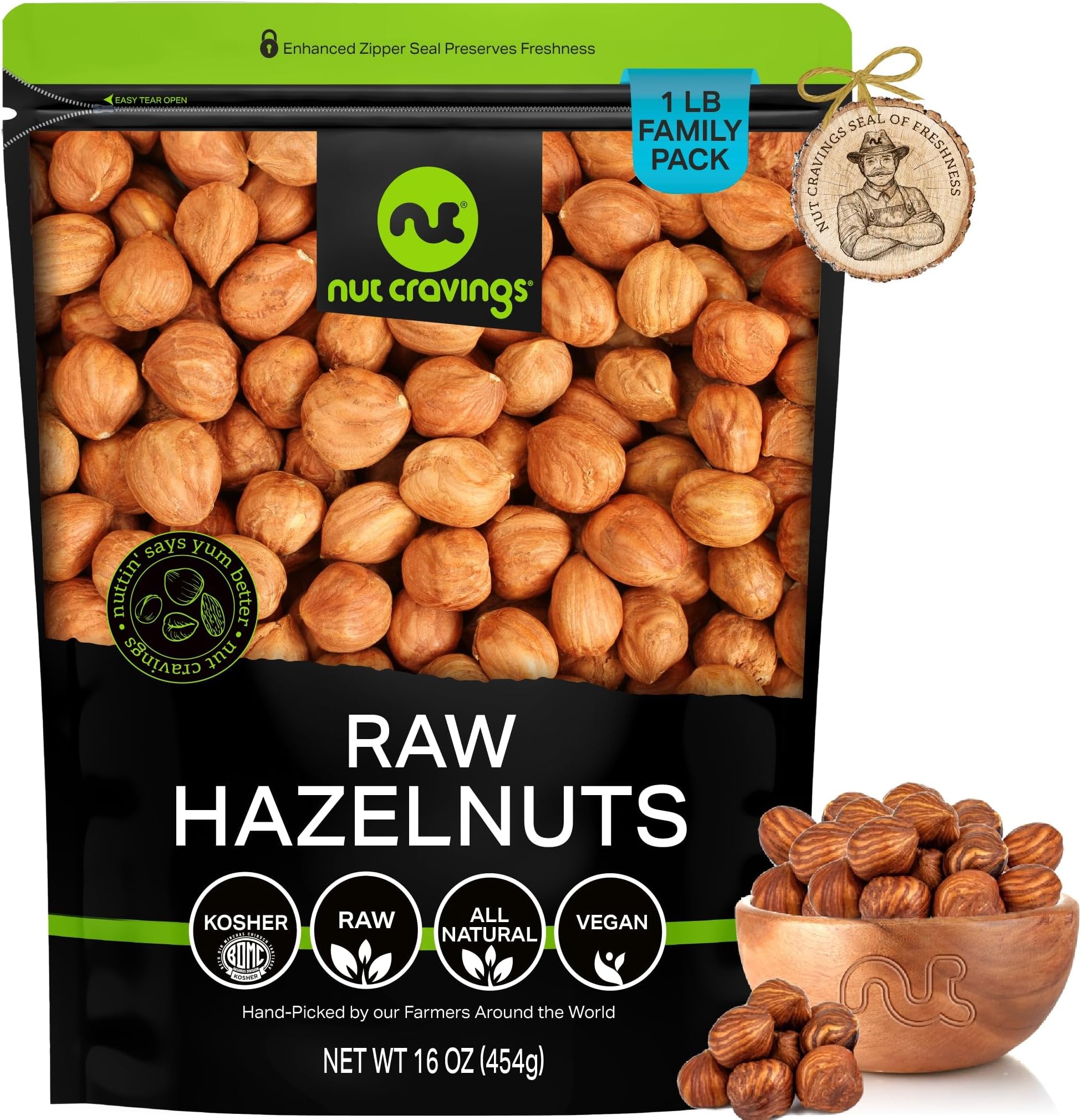 Raw Hazelnuts Filberts with Skin - Unsalted, Shelled, (16oz - 1 LB) Packed Fresh in Resealable Bag - Kosher Healthy Snack, Food Assortments Ideal for Trail Mixed Nuts