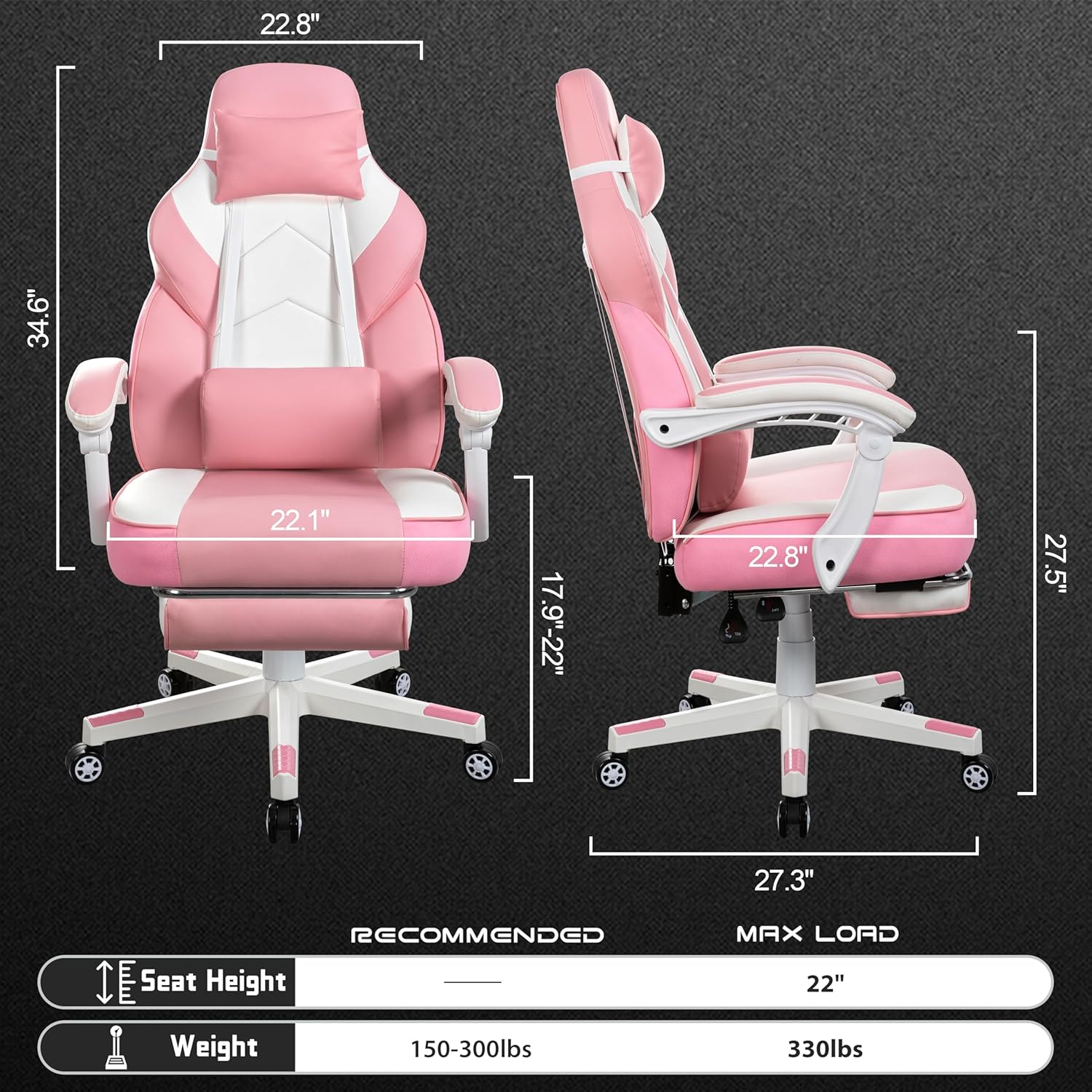 Gaming Chair for Adults, Gaming Chairs with Footrest, Ergonomic Video Game Chair with Massage Lumbar Big and Tall Computer Chair, Height Adjustable with Headrest and 360° Swivel Seat, Pink