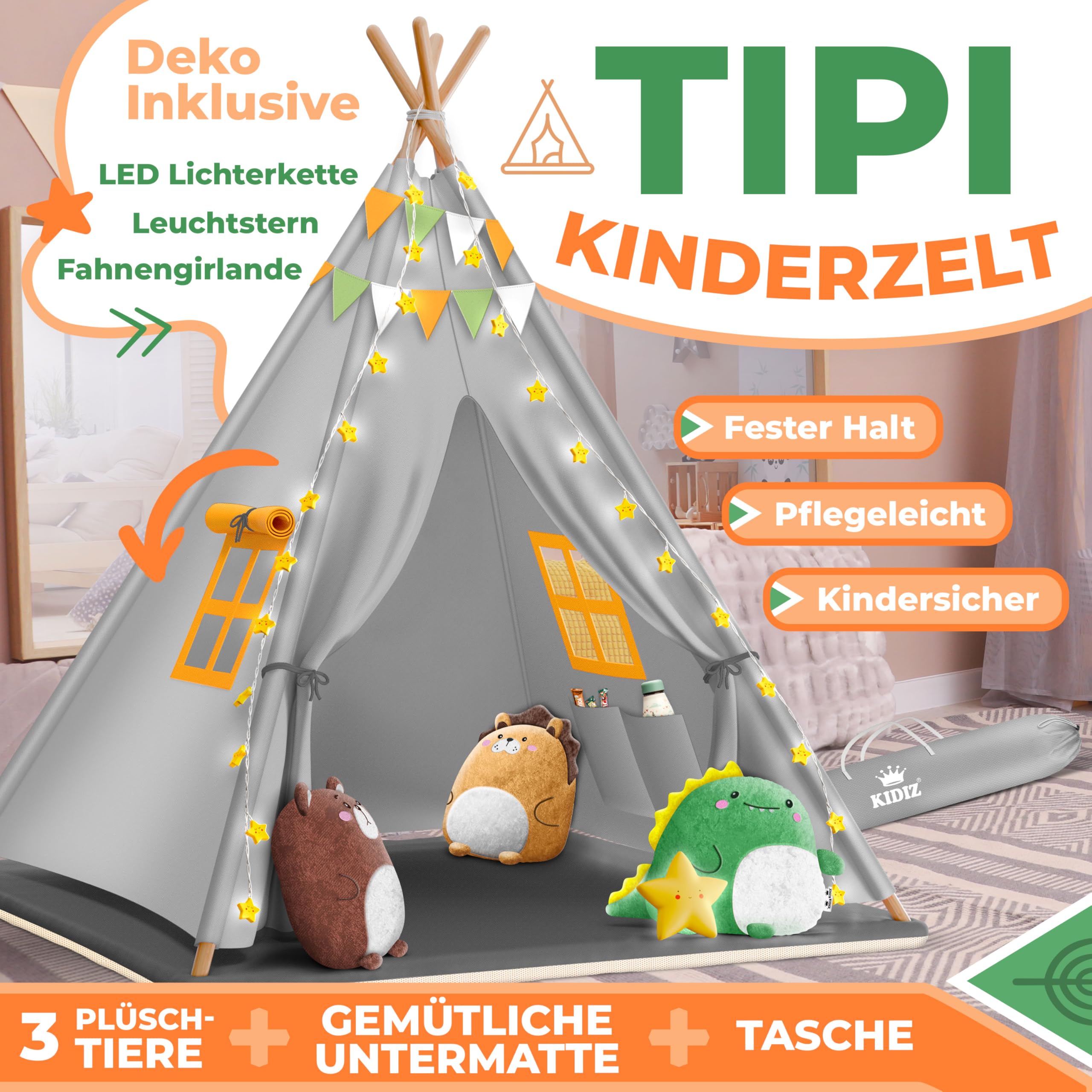 KIDIZ® Tipi Zelt für Kinder Spielzelt 100x100x160cm Kinderzelt aus Baumwolle mit LED-Lichterkette, Leuchtstern, Fahnengirlande, 3 Plüschtiere, Untermatte & Tragetasche Spielhaus für drinnen & draußen