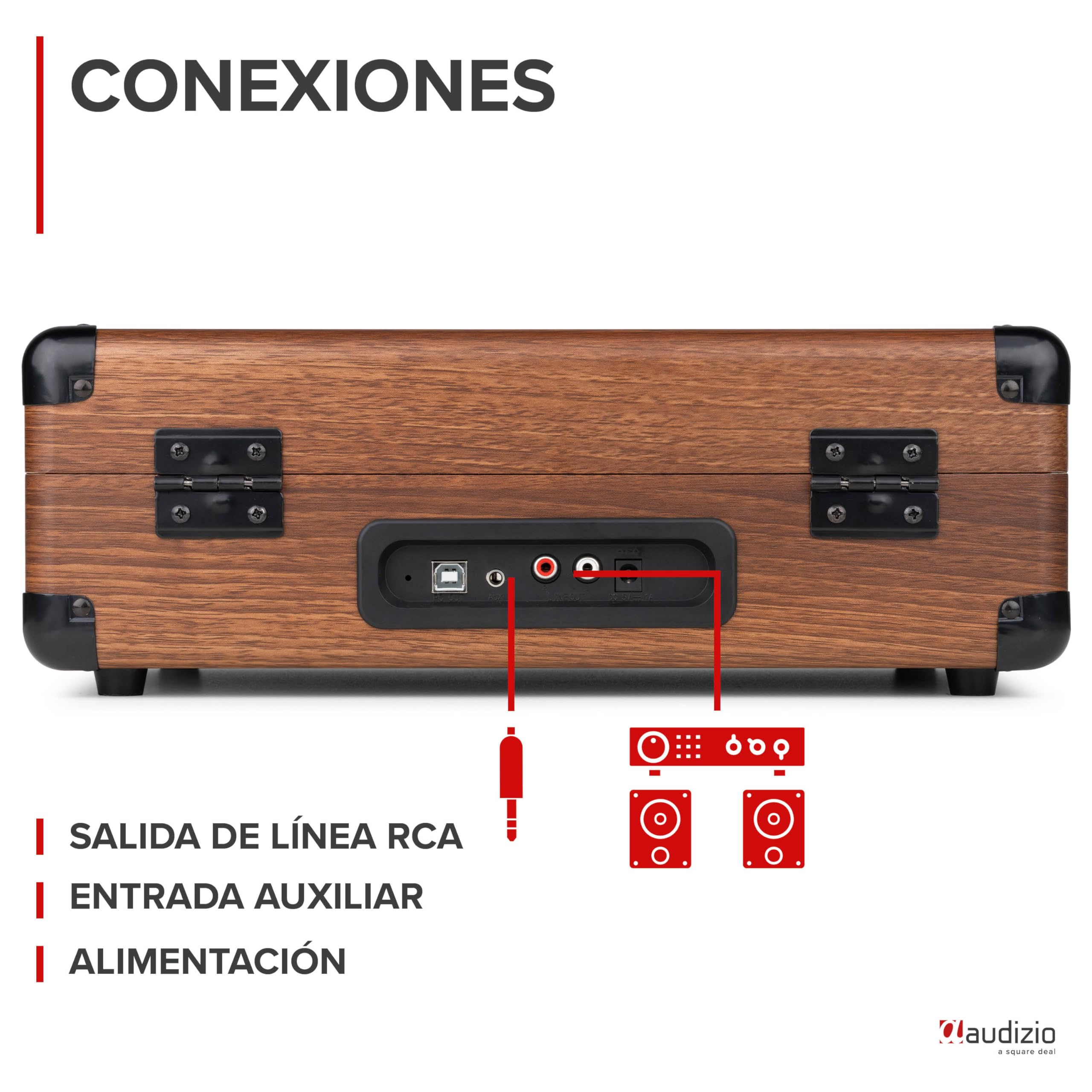 Audizio RP116W Tocadiscos de Vinilo Estilo Maletín con Bluetooth In/out, Altavoces Integrados, Codificación MP3 por USB y 3 Velocidades – Diseño Retro Compacto en Color Madera con Sonido Estéreo