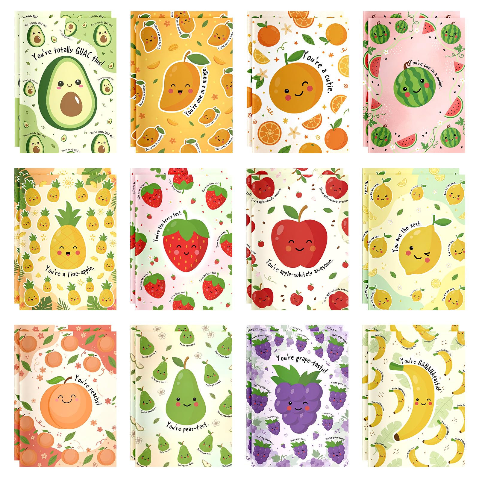 Flutesan 24 Sets Fruit Inspirational Pocket Notebooks Bulk 12 Styles Mini Motivational Notepads Encouragement Quote Notebooks with Positive Affirmations for Employee Office Coworker Teacher (Stitched)