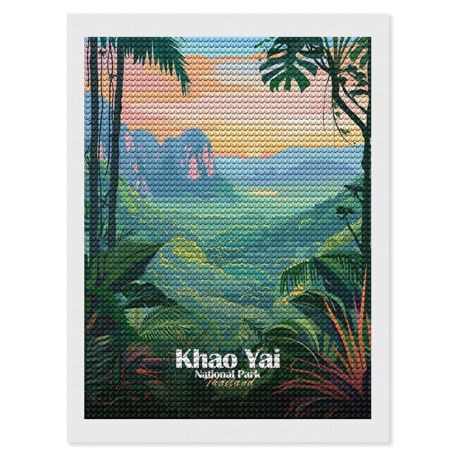 Junmoney Khao Yai National Park Thailand Illustration Round Drill Diamond Painting 12"x16", for Adults, Creative Leisure Activity, Office Decor, Holiday Gift Idea