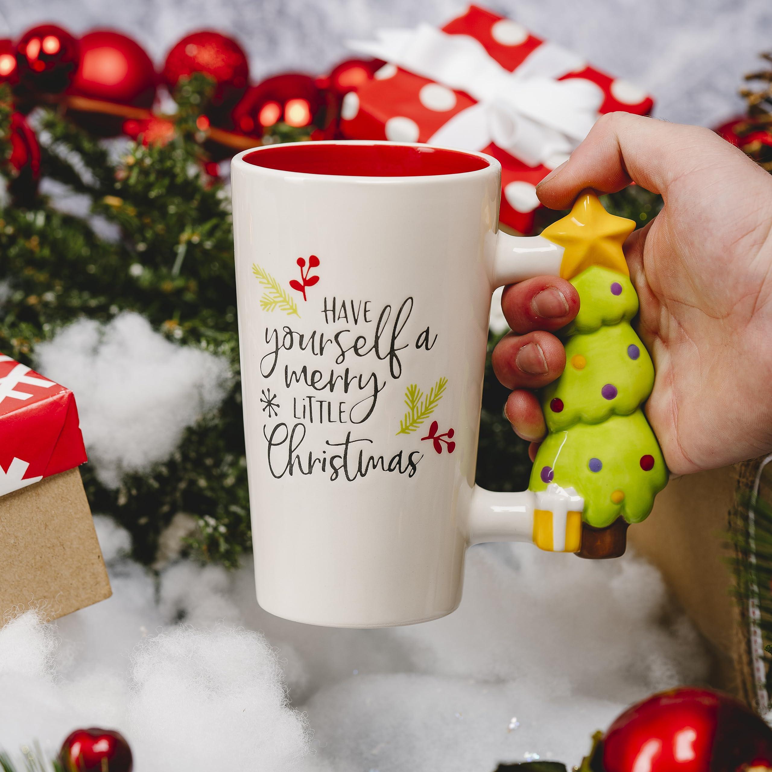 Tazza Natalizia Pavilion 500ml – Manico Ad Albero Di Natale, Interno Rosso, In Dolomite, Regalo Feste