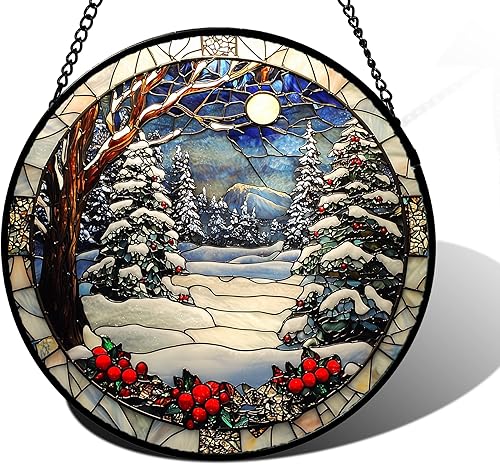 Colgador de vidrieras para colgar en la ventana, escena de nieve de invierno, panel de cristal, árbol de montañas, decoración para cumpleaños para