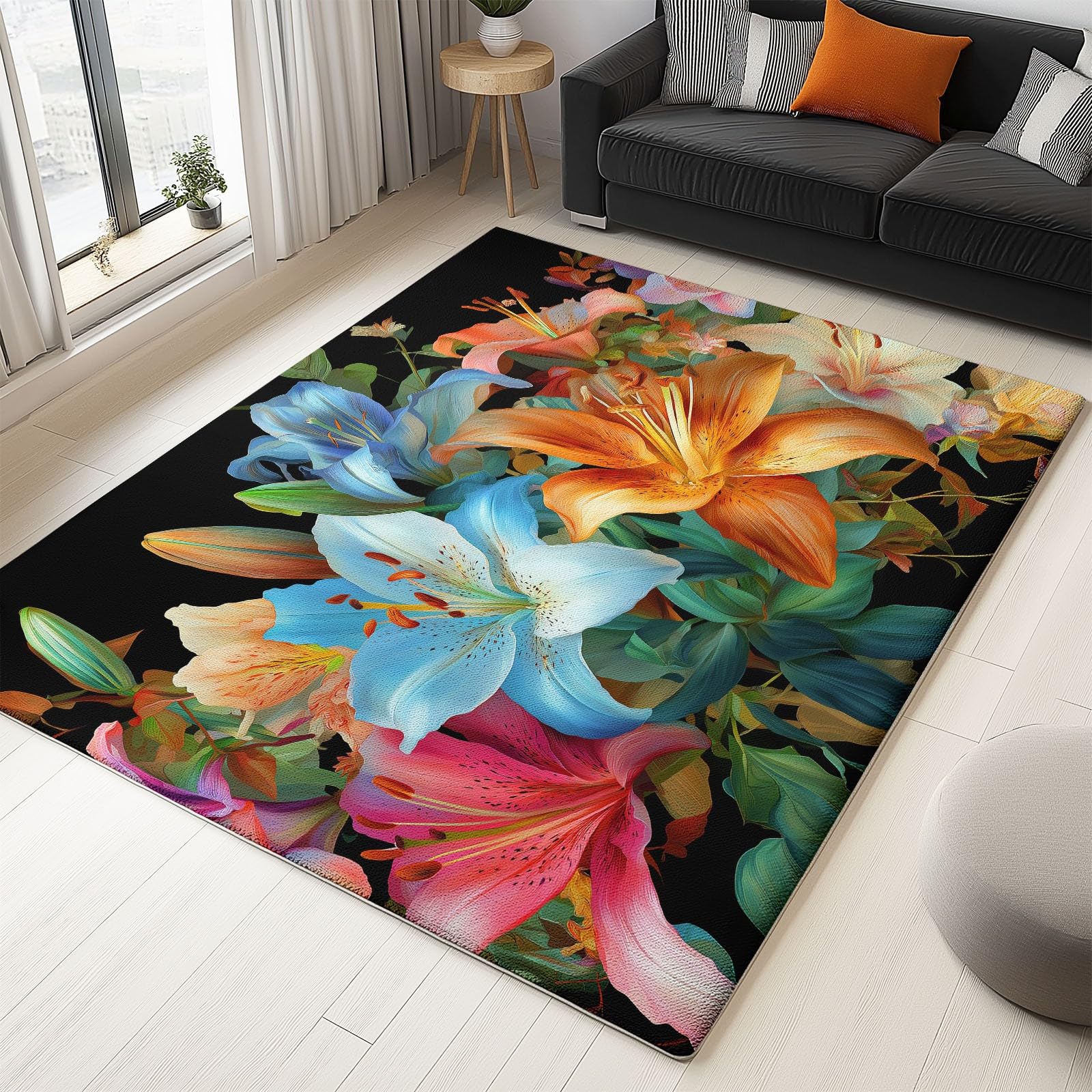 Dywan lilia kwiaty liście roślina 160 x 230 cm, duży dywan z polaru miękki, krótki stos, antypoślizgowy, zmywalny, do wnętrz i salonu, sypialni, jadalni, wystroju domu, wielokolorowy
